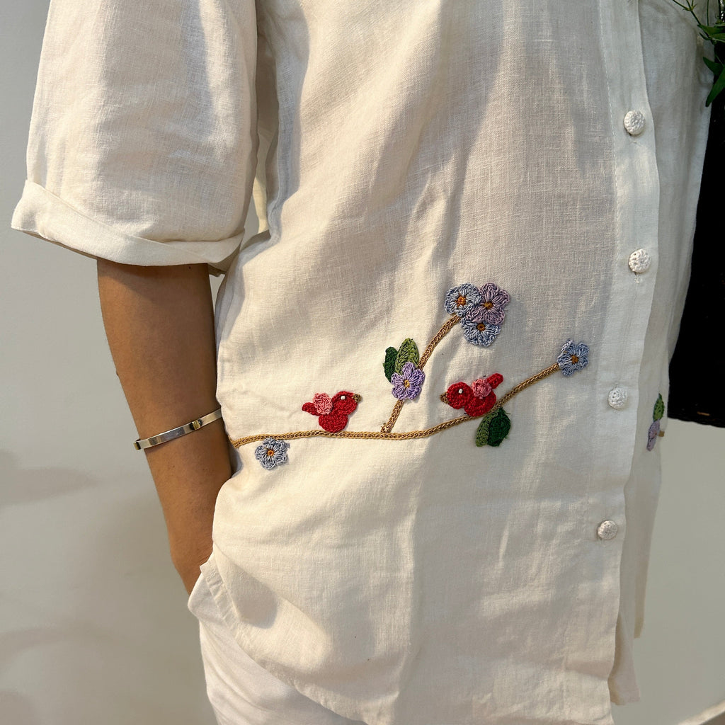 White Serene Stich Linen Shirt & Trouser Set at Kamakhyaa by Ikriit'm. This item is Bloom by Ikriit'm, Casual Wear, Crochet, Crochet Apparel, Linen, Relaxed Fit, Under $150, White, Womenswear