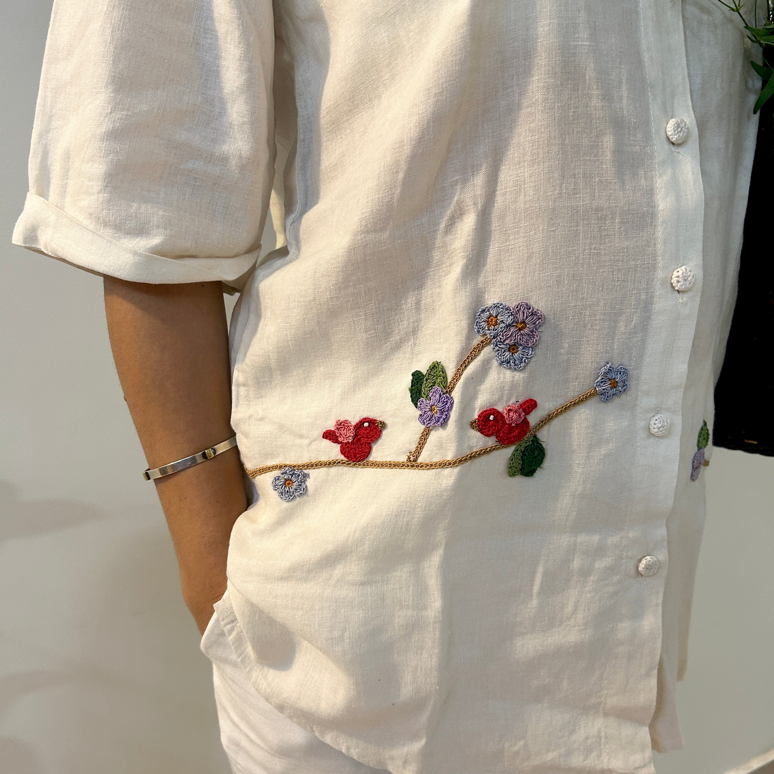 White Serene Stich Linen Shirt & Trouser Set at Kamakhyaa by Ikriit'm. This item is Bloom by Ikriit'm, Casual Wear, Crochet, Crochet Apparel, Linen, Relaxed Fit, Under $150, White, Womenswear