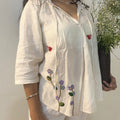 White Serene Stich Linen Top at Kamakhyaa by Ikriit'm. This item is Bloom by Ikriit'm, Casual Wear, Crochet, Crochet Apparel, Linen, Relaxed Fit, Under $100, White, Womenswear