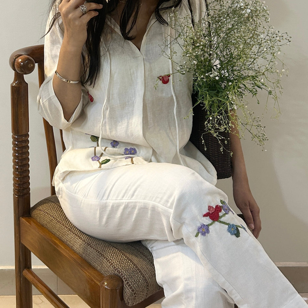 White Serene Stich Linen Top & Trouser Set at Kamakhyaa by Ikriit'm. This item is Bloom by Ikriit'm, Casual Wear, Crochet, Crochet Apparel, Linen, Relaxed Fit, Under $150, White, Womenswear