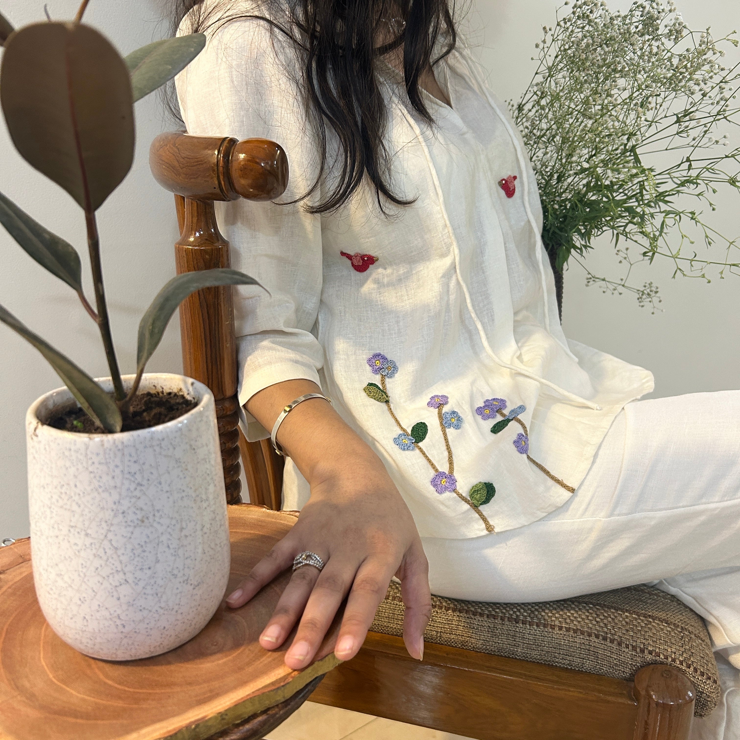 White Serene Stich Linen Top & Trouser Set at Kamakhyaa by Ikriit'm. This item is Bloom by Ikriit'm, Casual Wear, Crochet, Crochet Apparel, Linen, Relaxed Fit, Under $150, White, Womenswear