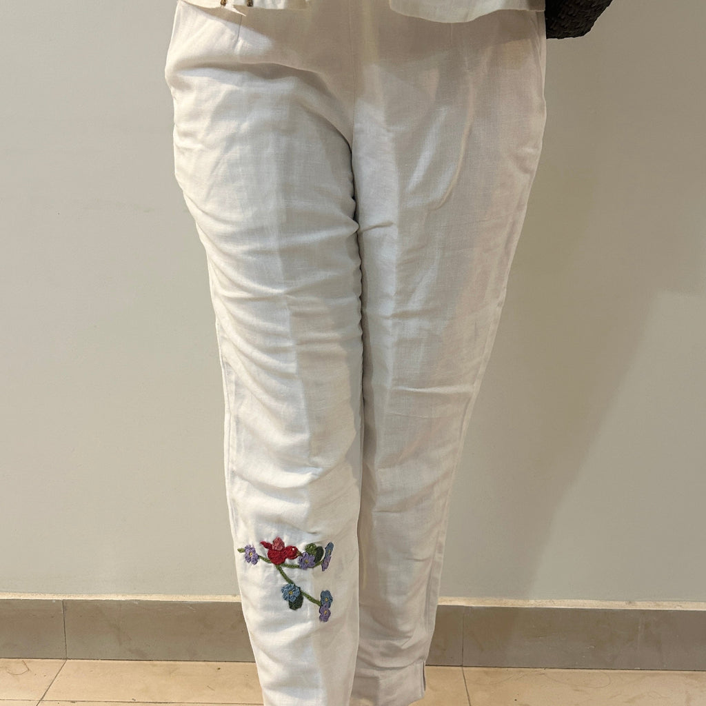 White Serene Stich Linen Trouser at Kamakhyaa by Ikriit'm. This item is Bloom by Ikriit'm, Casual Wear, Crochet, Crochet Apparel, Linen, Relaxed Fit, Under $100, White, Womenswear