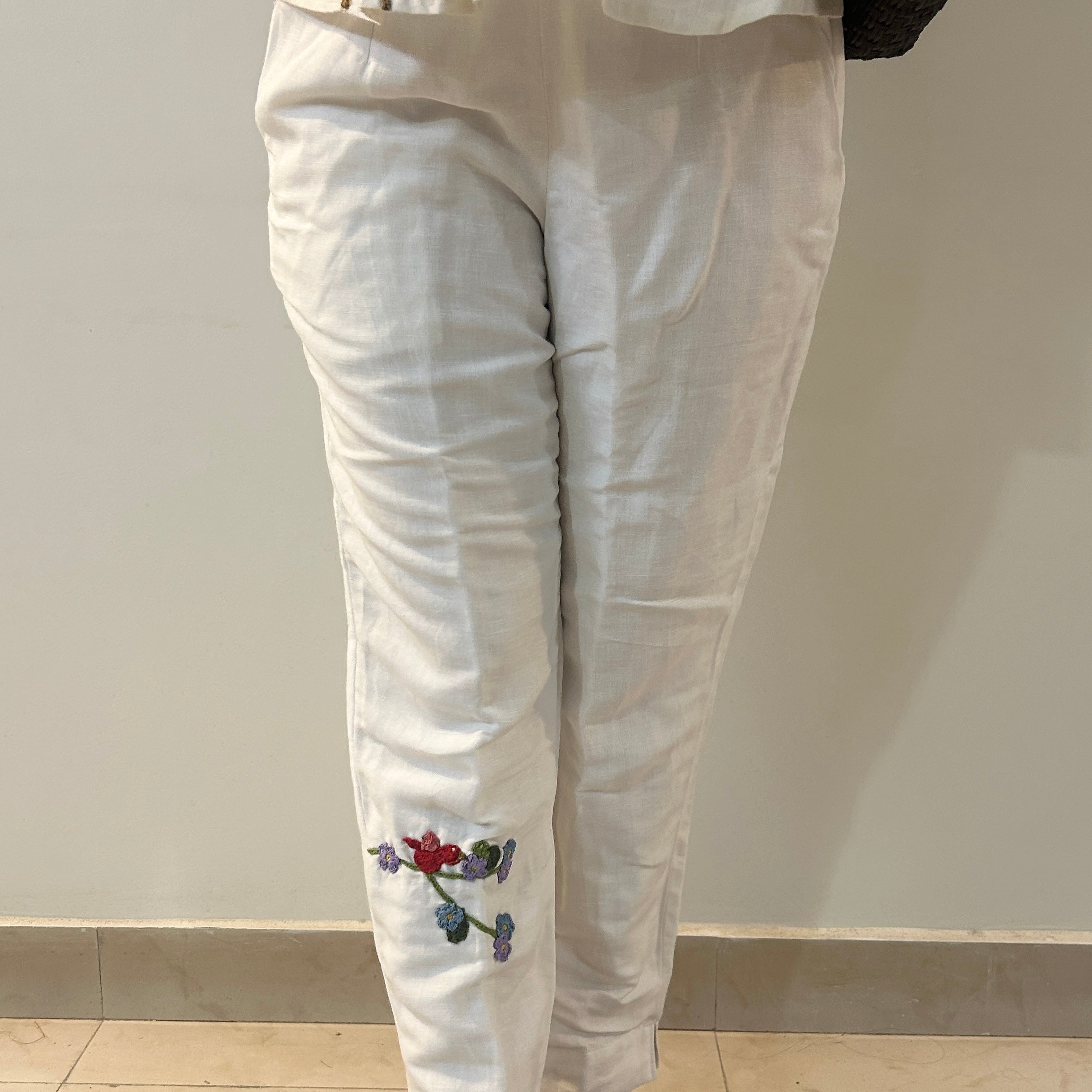 White Serene Stich Linen Trouser at Kamakhyaa by Ikriit'm. This item is Bloom by Ikriit'm, Casual Wear, Crochet, Crochet Apparel, Linen, Relaxed Fit, Under $100, White, Womenswear
