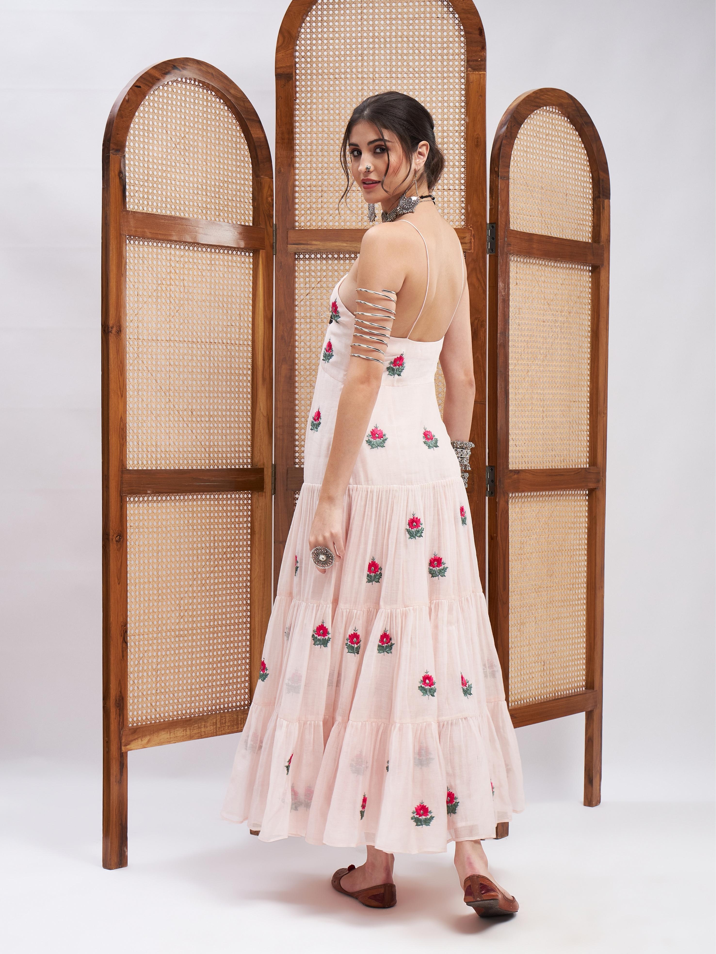 White Sleeveless Floral Motifs Dress at Kamakhyaa by RoohbyRidhimaa. This item is Embroidered, Evening Wear, Pink, Regular Fit, Resham, Resham Embroidered, Sleeveless Dresses, Toxin free, Yellow