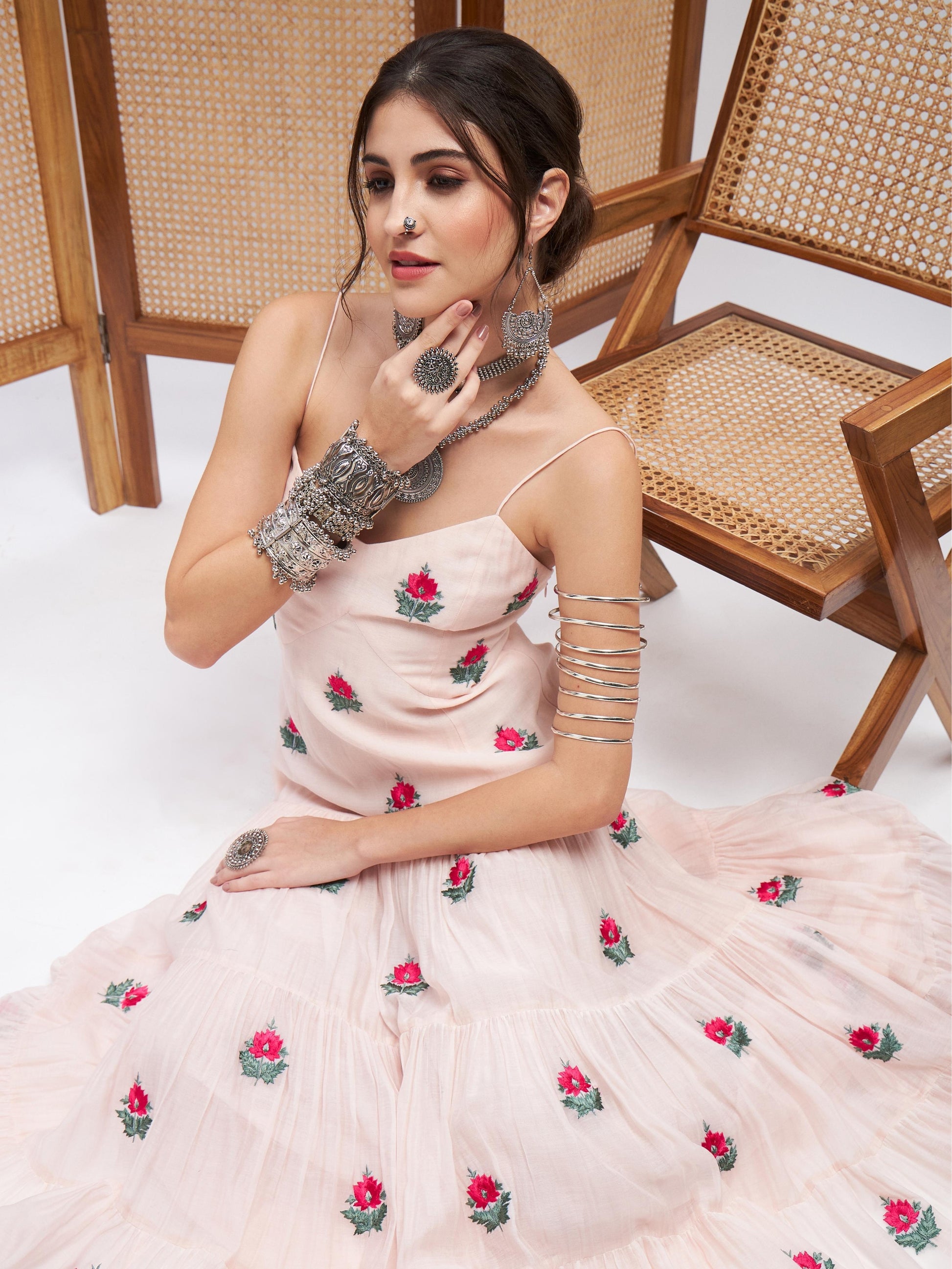 White Sleeveless Floral Motifs Dress at Kamakhyaa by RoohbyRidhimaa. This item is Embroidered, Evening Wear, Pink, Regular Fit, Resham, Resham Embroidered, Sleeveless Dresses, Toxin free, Yellow