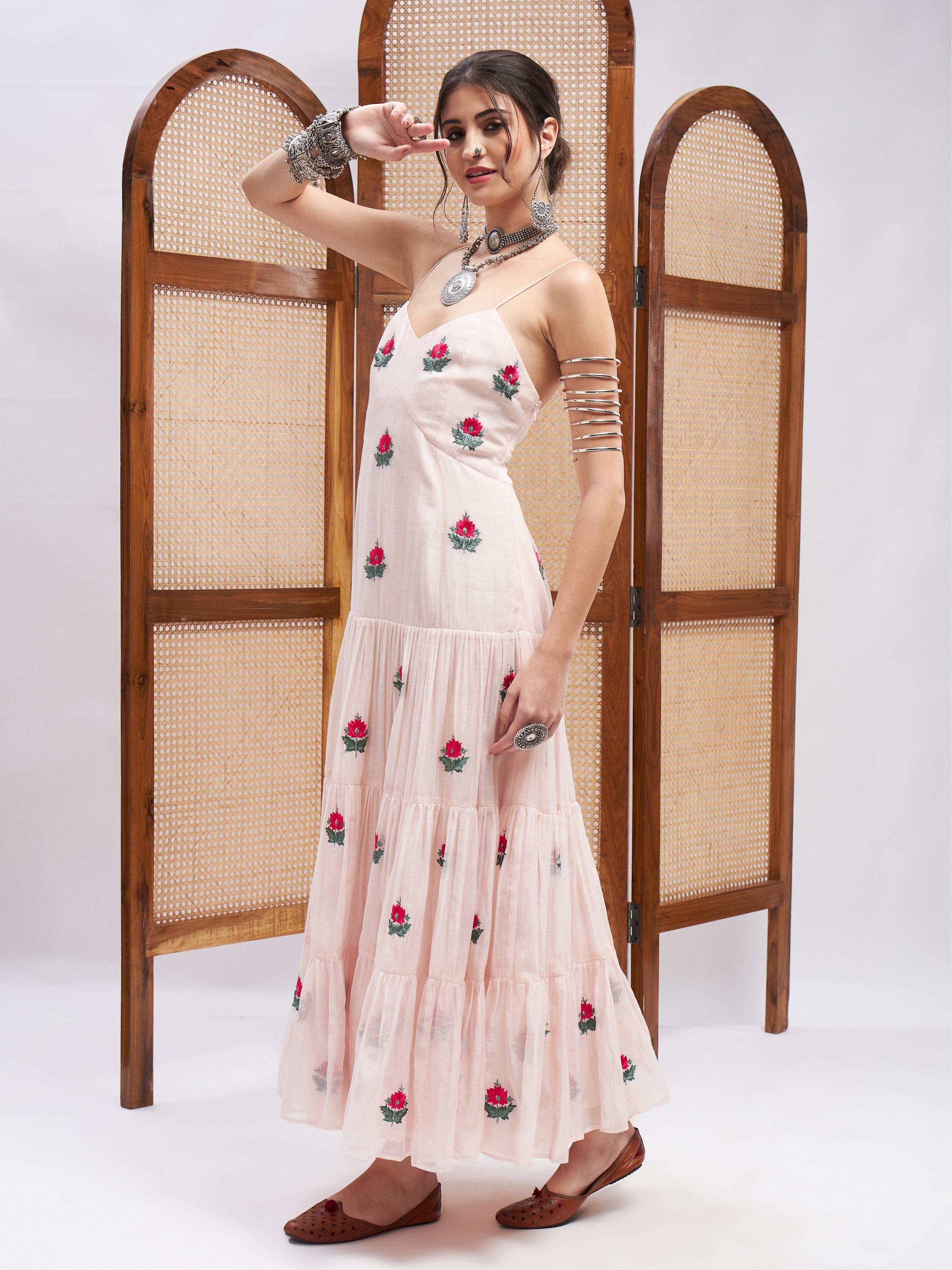 White Sleeveless Floral Motifs Dress at Kamakhyaa by RoohbyRidhimaa. This item is Embroidered, Evening Wear, Pink, Regular Fit, Resham, Resham Embroidered, Sleeveless Dresses, Toxin free, Yellow
