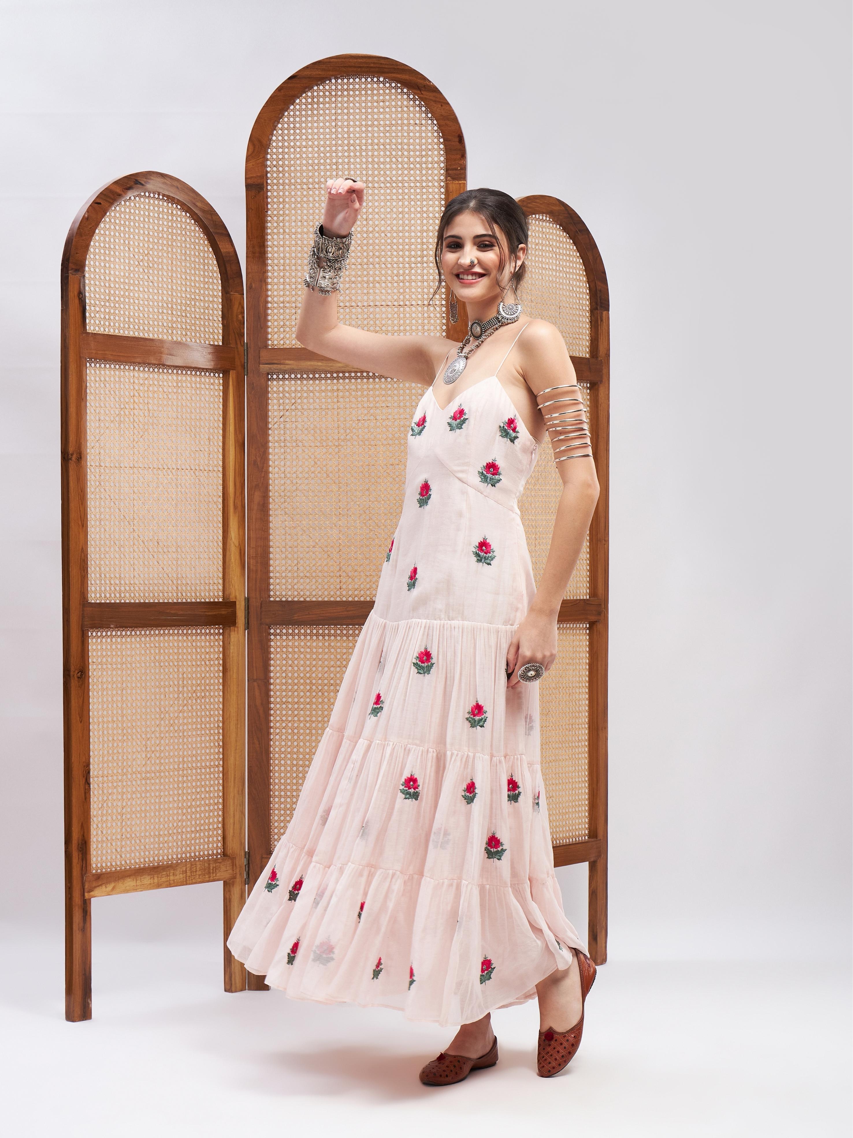 White Sleeveless Floral Motifs Dress at Kamakhyaa by RoohbyRidhimaa. This item is Embroidered, Evening Wear, Pink, Regular Fit, Resham, Resham Embroidered, Sleeveless Dresses, Toxin free, Yellow