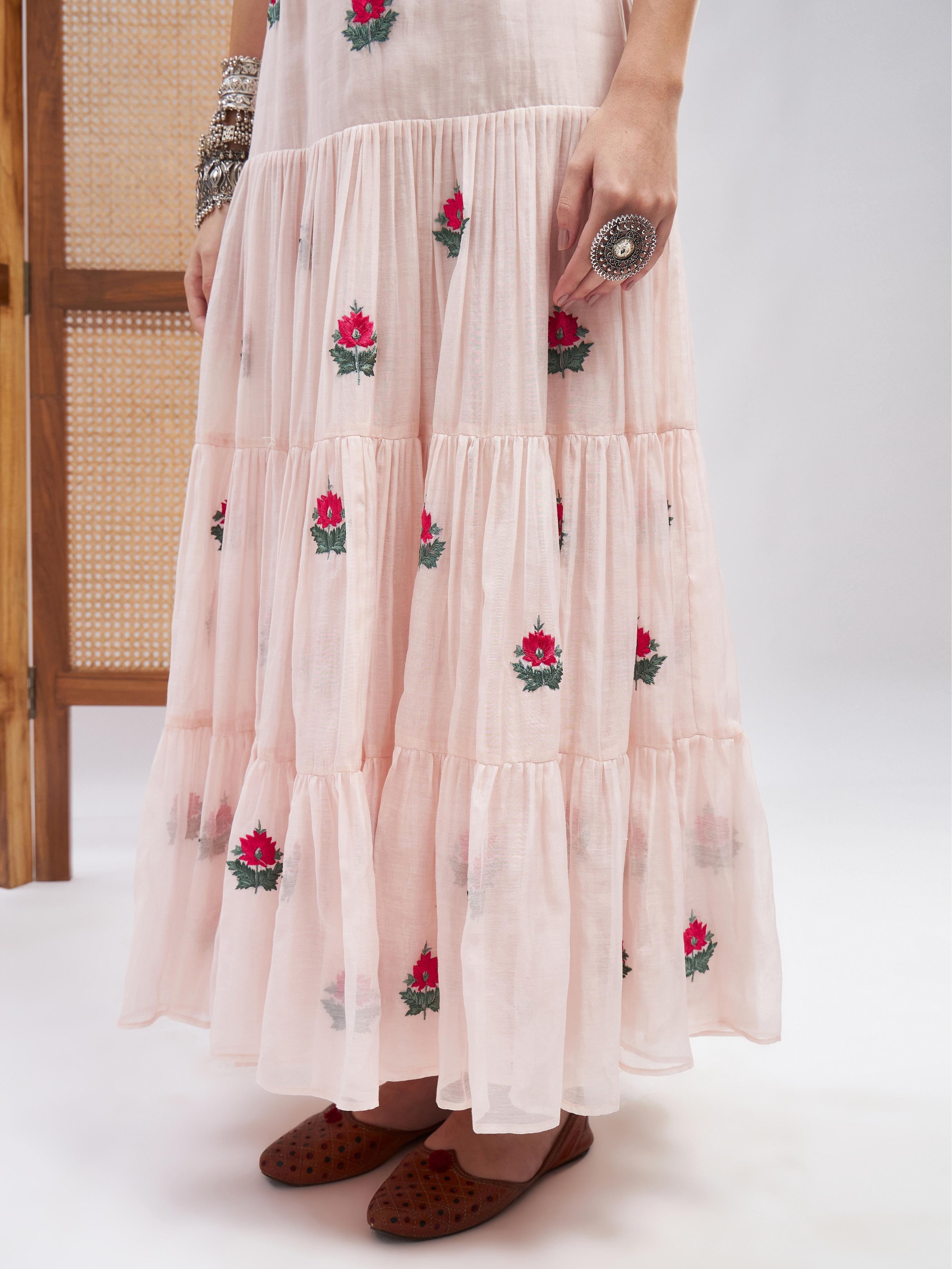 White Sleeveless Floral Motifs Dress at Kamakhyaa by RoohbyRidhimaa. This item is Embroidered, Evening Wear, Pink, Regular Fit, Resham, Resham Embroidered, Sleeveless Dresses, Toxin free, Yellow