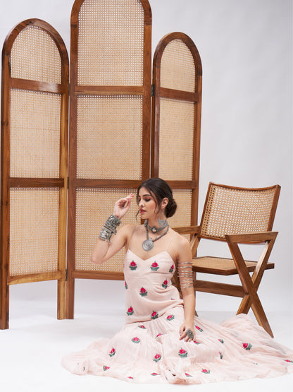 White Sleeveless Floral Motifs Dress at Kamakhyaa by RoohbyRidhimaa. This item is Embroidered, Evening Wear, Pink, Regular Fit, Resham, Resham Embroidered, Sleeveless Dresses, Toxin free, Yellow