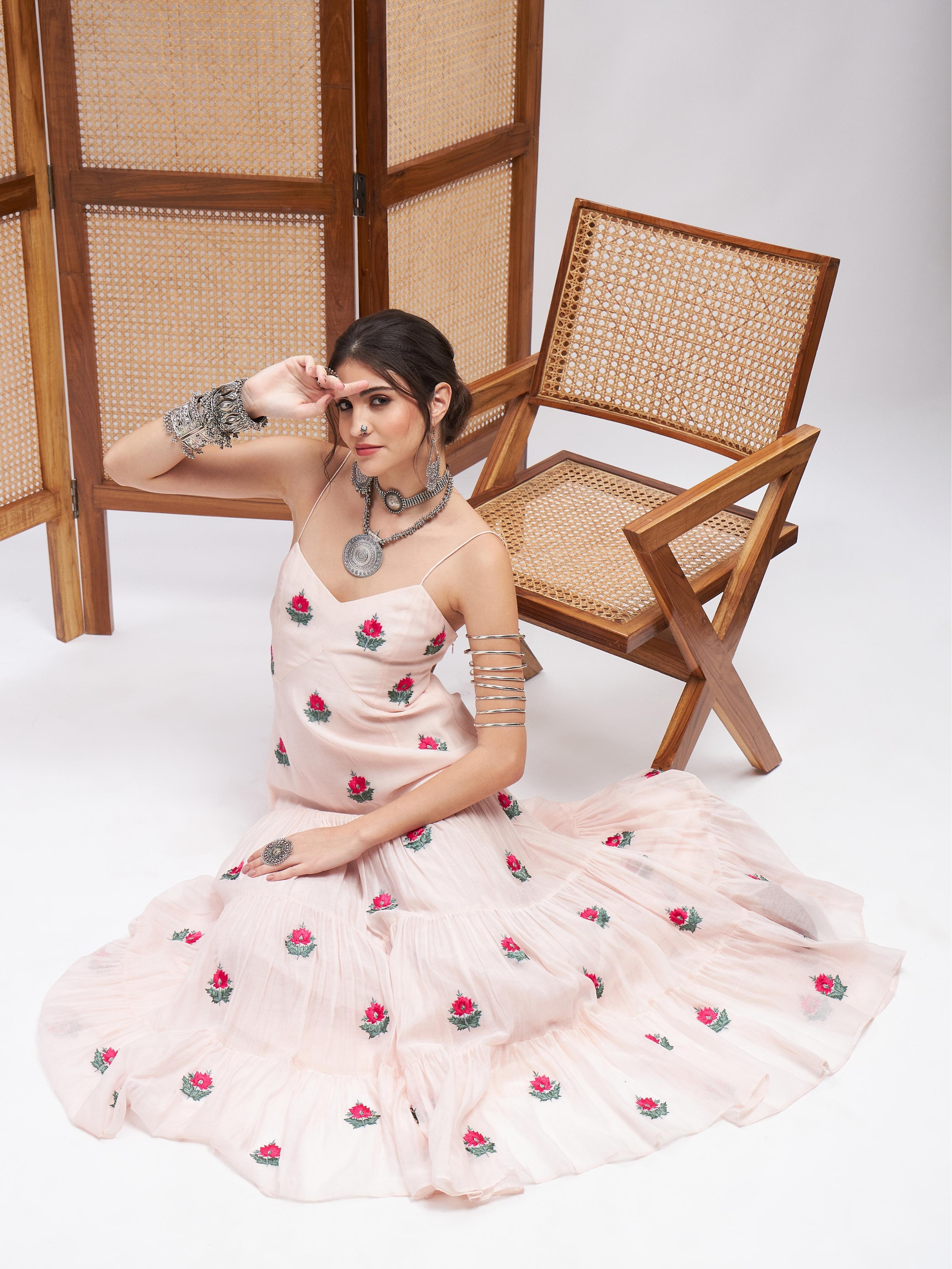 White Sleeveless Floral Motifs Dress at Kamakhyaa by RoohbyRidhimaa. This item is Embroidered, Evening Wear, Pink, Regular Fit, Resham, Resham Embroidered, Sleeveless Dresses, Toxin free, Yellow