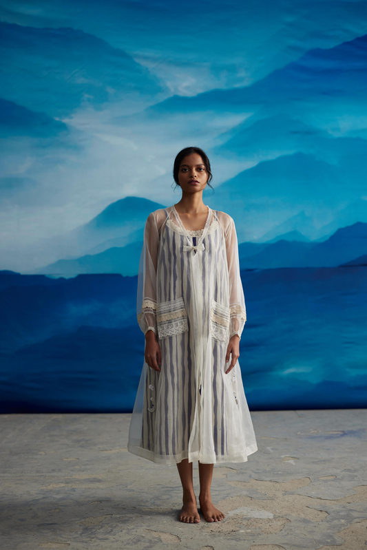 White Striped Tie-Up Midi Dress at Kamakhyaa by Ahmev. This item is Casual Wear, Indigo Eden by Ahmev, Korean Chic, Lace, Midi Dresses, Natural, Organza, Regular Fit, Stripes, White, Womenswear