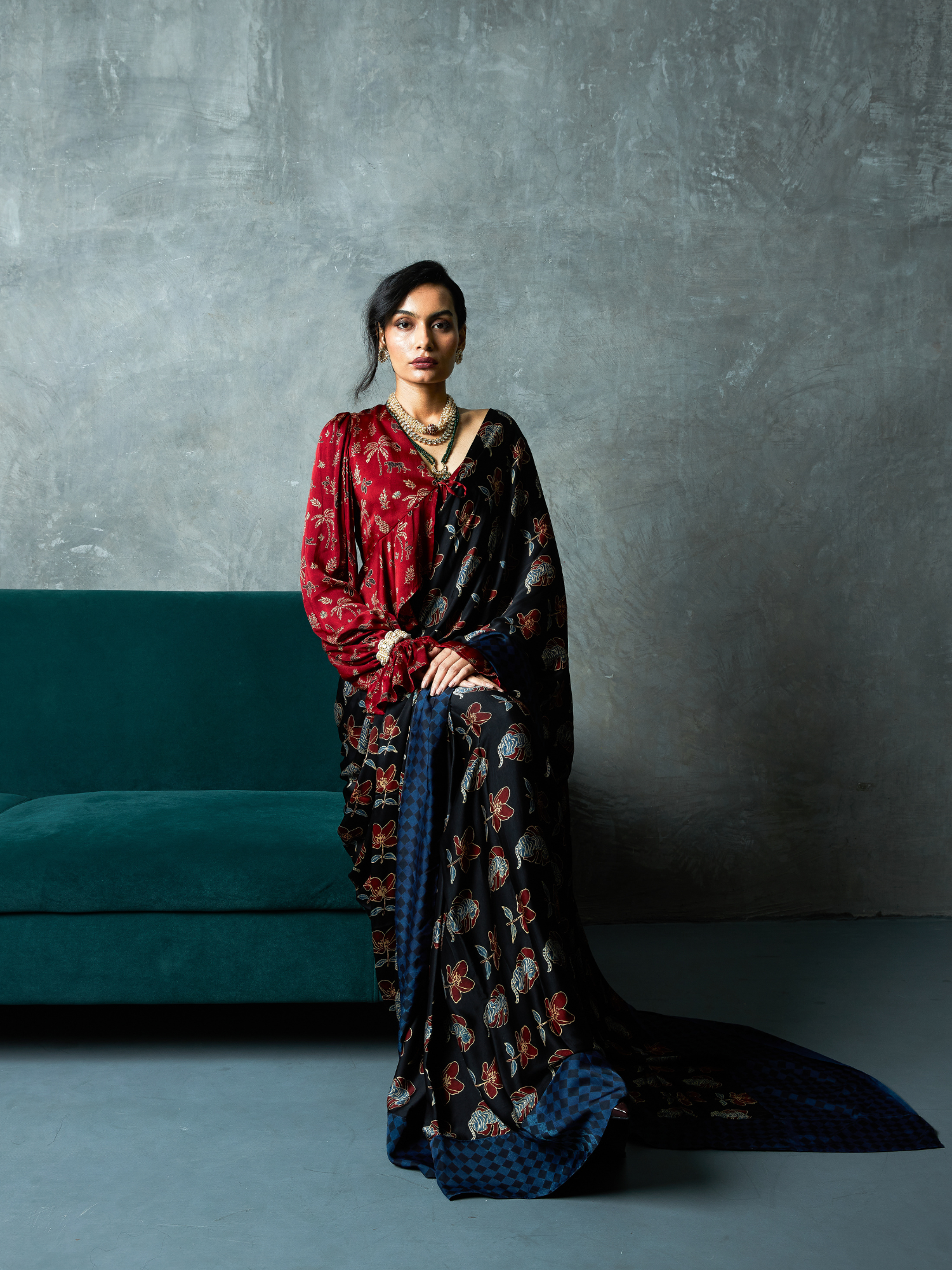 Wild Bloom Saree at Kamakhyaa by Anushé Pirani. This item is Bloom After Dark by Anushe Pirani, Midnight Blueprint, Saree, Womenswear