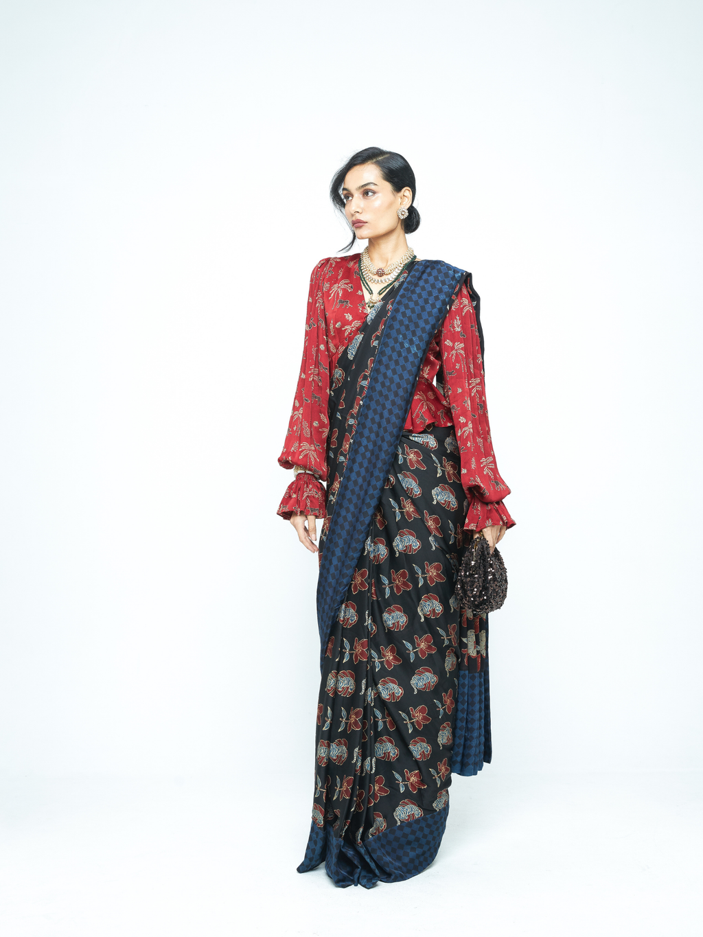 Wild Bloom Saree at Kamakhyaa by Anushé Pirani. This item is Bloom After Dark by Anushe Pirani, Midnight Blueprint, Saree, Womenswear