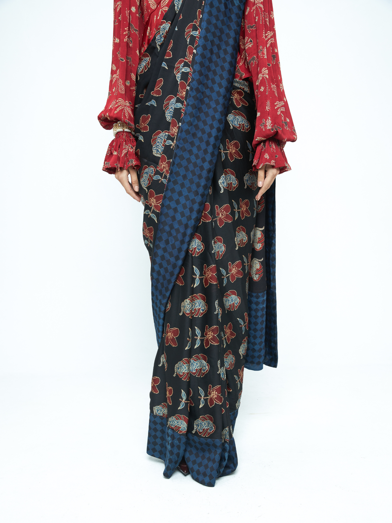 Wild Bloom Saree at Kamakhyaa by Anushé Pirani. This item is Bloom After Dark by Anushe Pirani, Midnight Blueprint, Saree, Womenswear