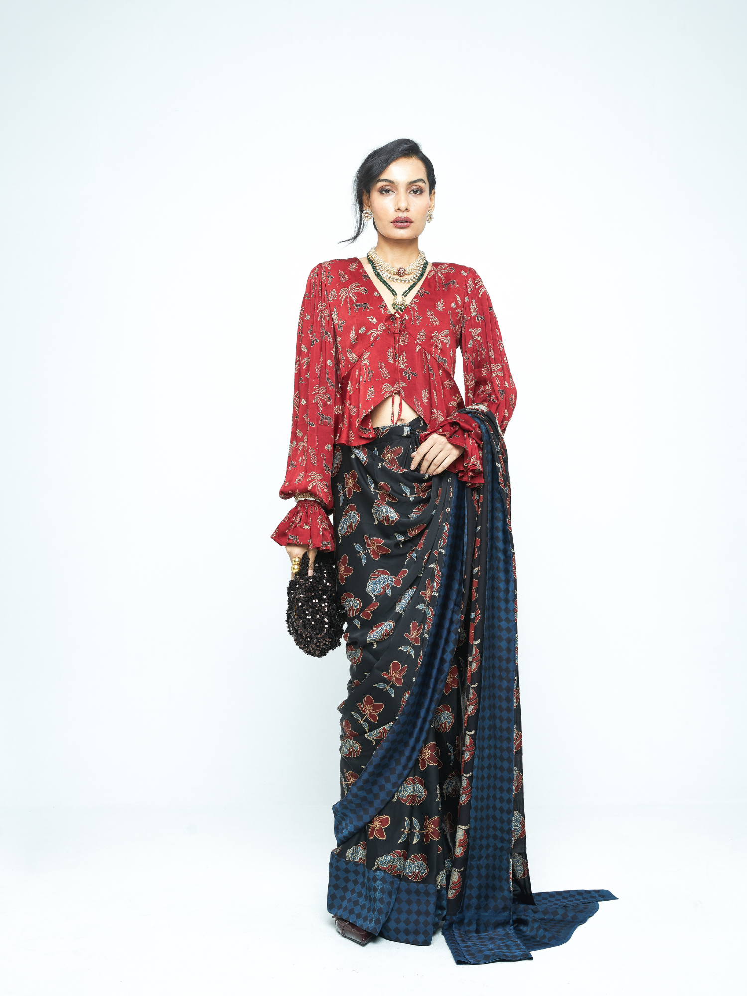 Wild Bloom Saree at Kamakhyaa by Anushé Pirani. This item is Bloom After Dark by Anushe Pirani, Midnight Blueprint, Saree, Womenswear