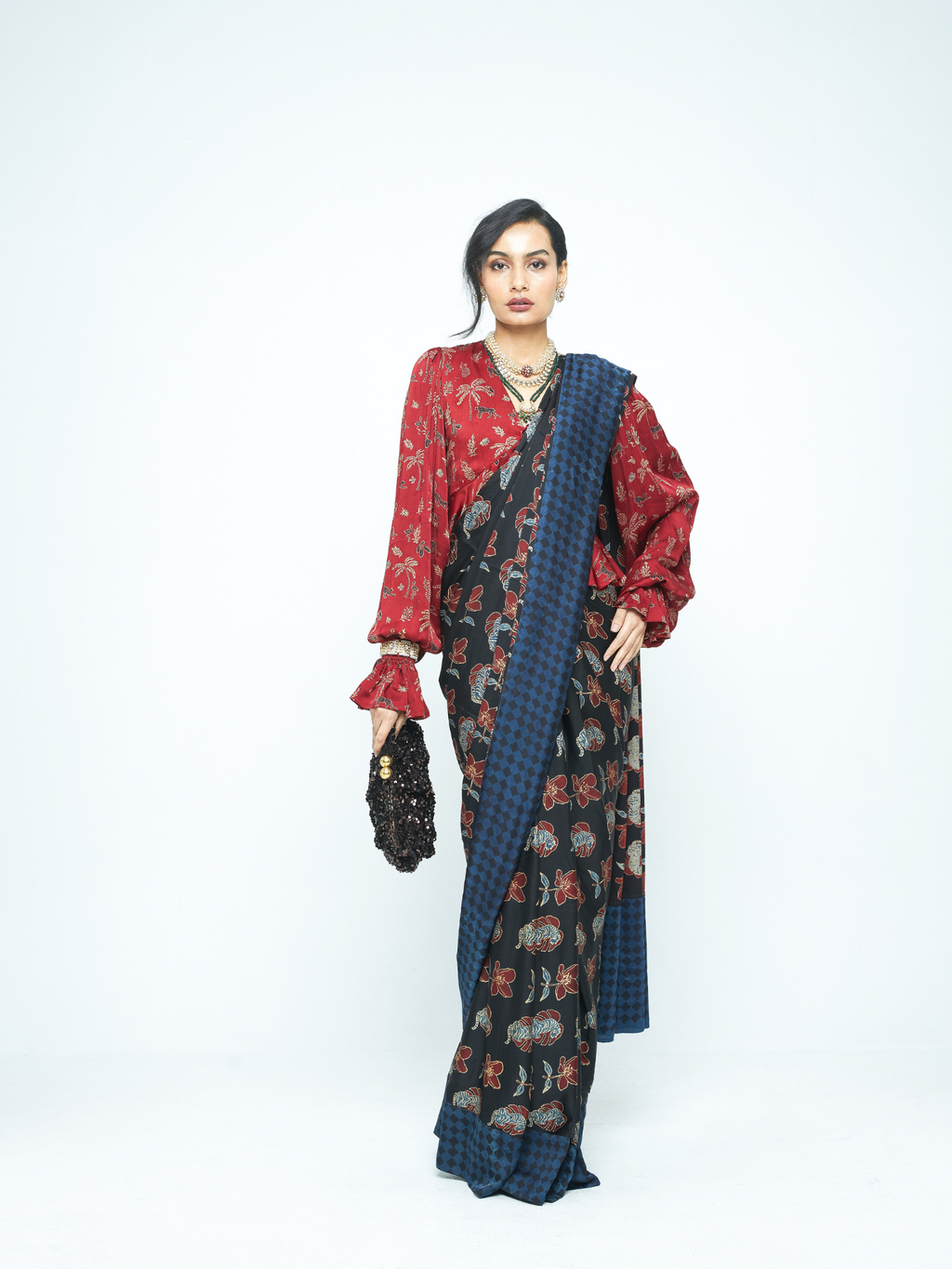 Wild Bloom Saree at Kamakhyaa by Anushé Pirani. This item is Bloom After Dark by Anushe Pirani, Midnight Blueprint, Saree, Womenswear