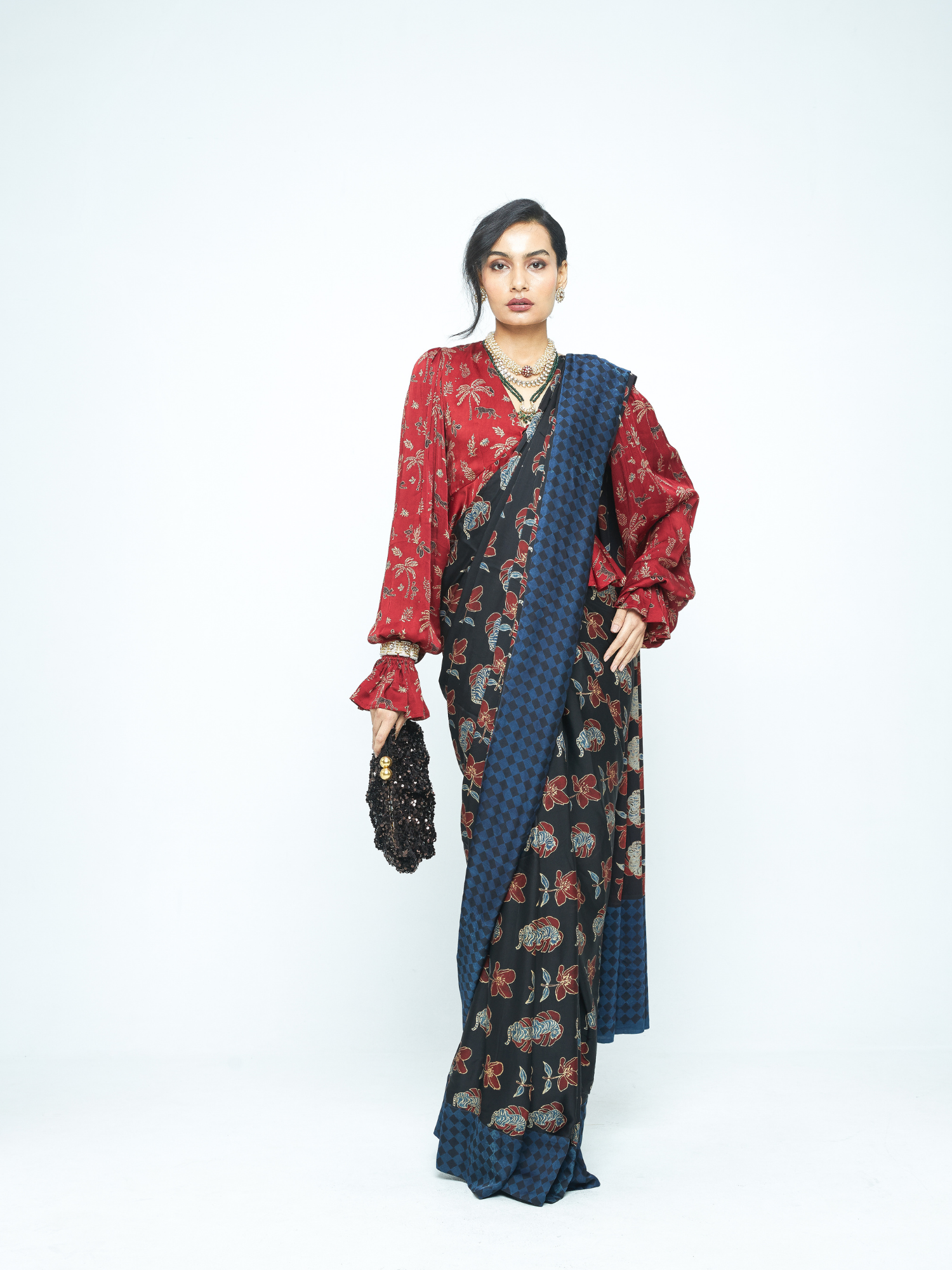 Wild Bloom Saree at Kamakhyaa by Anushé Pirani. This item is Bloom After Dark by Anushe Pirani, Midnight Blueprint, Saree, Womenswear