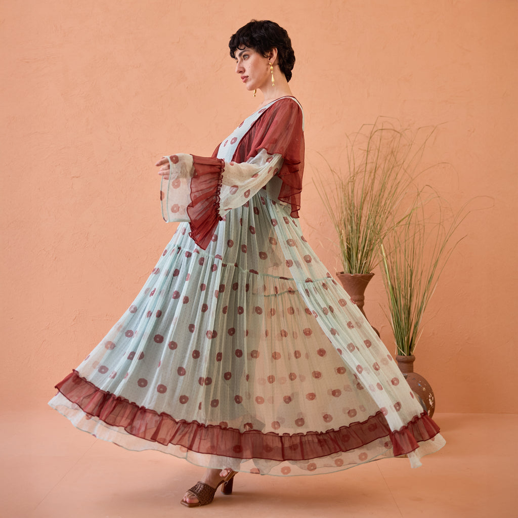 Wildflower Ruffles at Kamakhyaa by Taro. This item is Blue, Chiffon, Dresses, Handblock Printed, Indie Bloom by Taro, Maroon, Relaxed Fit, Shirt Dresses, Tiered Dresses, Under $50