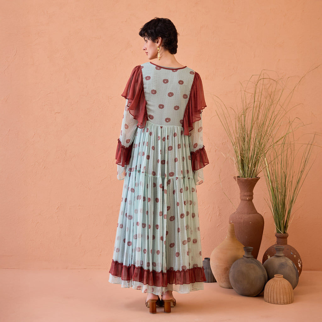 Wildflower Ruffles at Kamakhyaa by Taro. This item is Blue, Chiffon, Dresses, Handblock Printed, Indie Bloom by Taro, Maroon, Relaxed Fit, Shirt Dresses, Tiered Dresses, Under $50