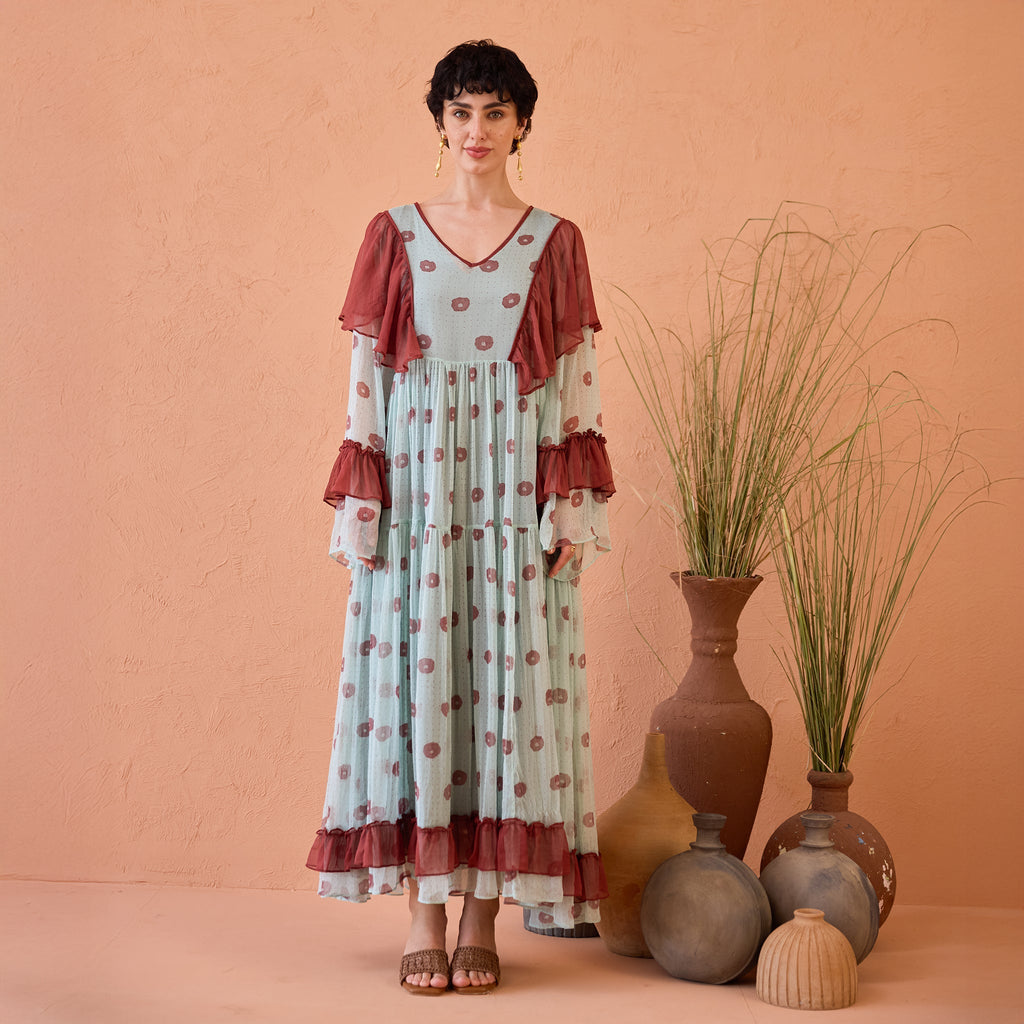 Wildflower Ruffles at Kamakhyaa by Taro. This item is Blue, Chiffon, Dresses, Handblock Printed, Indie Bloom by Taro, Maroon, Relaxed Fit, Shirt Dresses, Tiered Dresses, Under $50