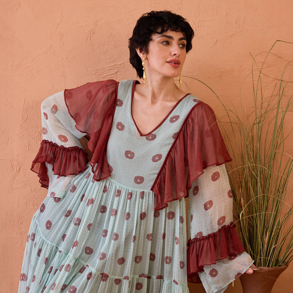 Wildflower Ruffles at Kamakhyaa by Taro. This item is Blue, Chiffon, Dresses, Handblock Printed, Indie Bloom by Taro, Maroon, Relaxed Fit, Shirt Dresses, Tiered Dresses, Under $50