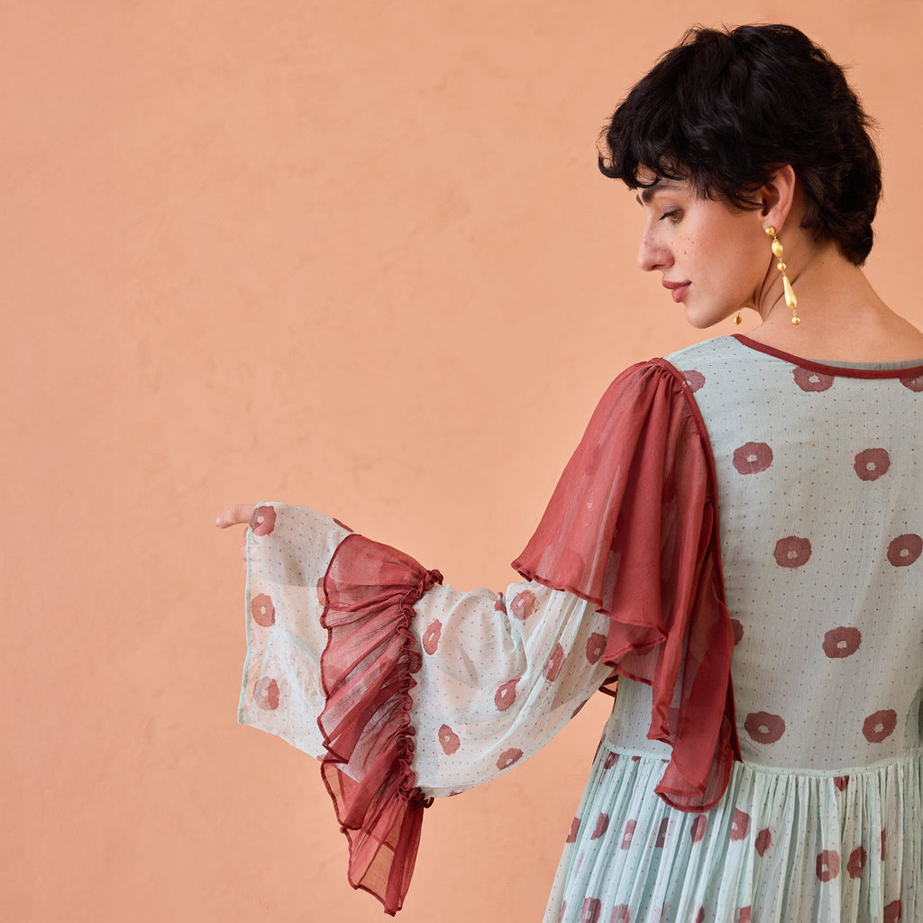 Wildflower Ruffles at Kamakhyaa by Taro. This item is Blue, Chiffon, Dresses, Handblock Printed, Indie Bloom by Taro, Maroon, Relaxed Fit, Shirt Dresses, Tiered Dresses, Under $50