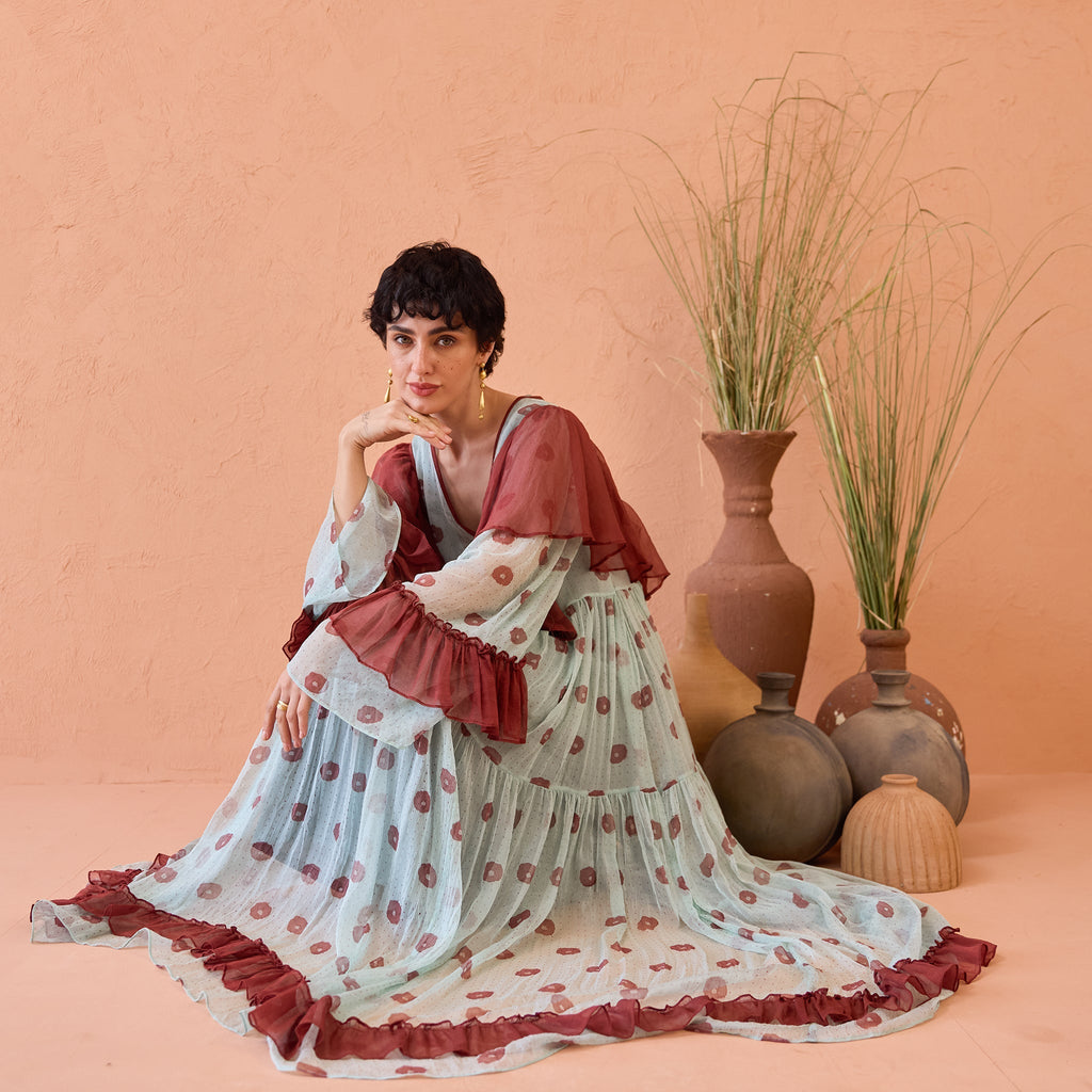 Wildflower Ruffles at Kamakhyaa by Taro. This item is Blue, Chiffon, Dresses, Handblock Printed, Indie Bloom by Taro, Maroon, Relaxed Fit, Shirt Dresses, Tiered Dresses, Under $50