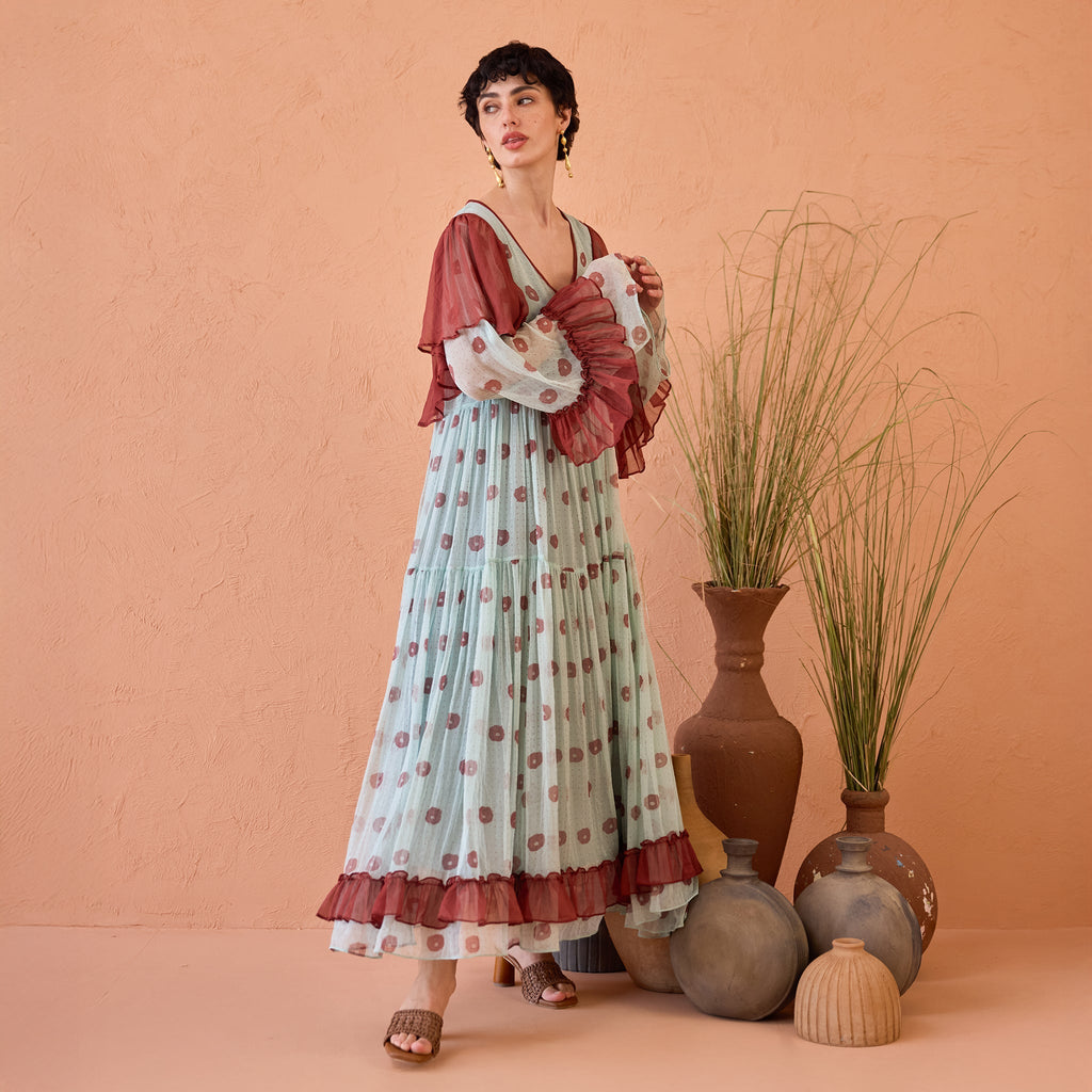 Wildflower Ruffles at Kamakhyaa by Taro. This item is Blue, Chiffon, Dresses, Handblock Printed, Indie Bloom by Taro, Maroon, Relaxed Fit, Shirt Dresses, Tiered Dresses, Under $50