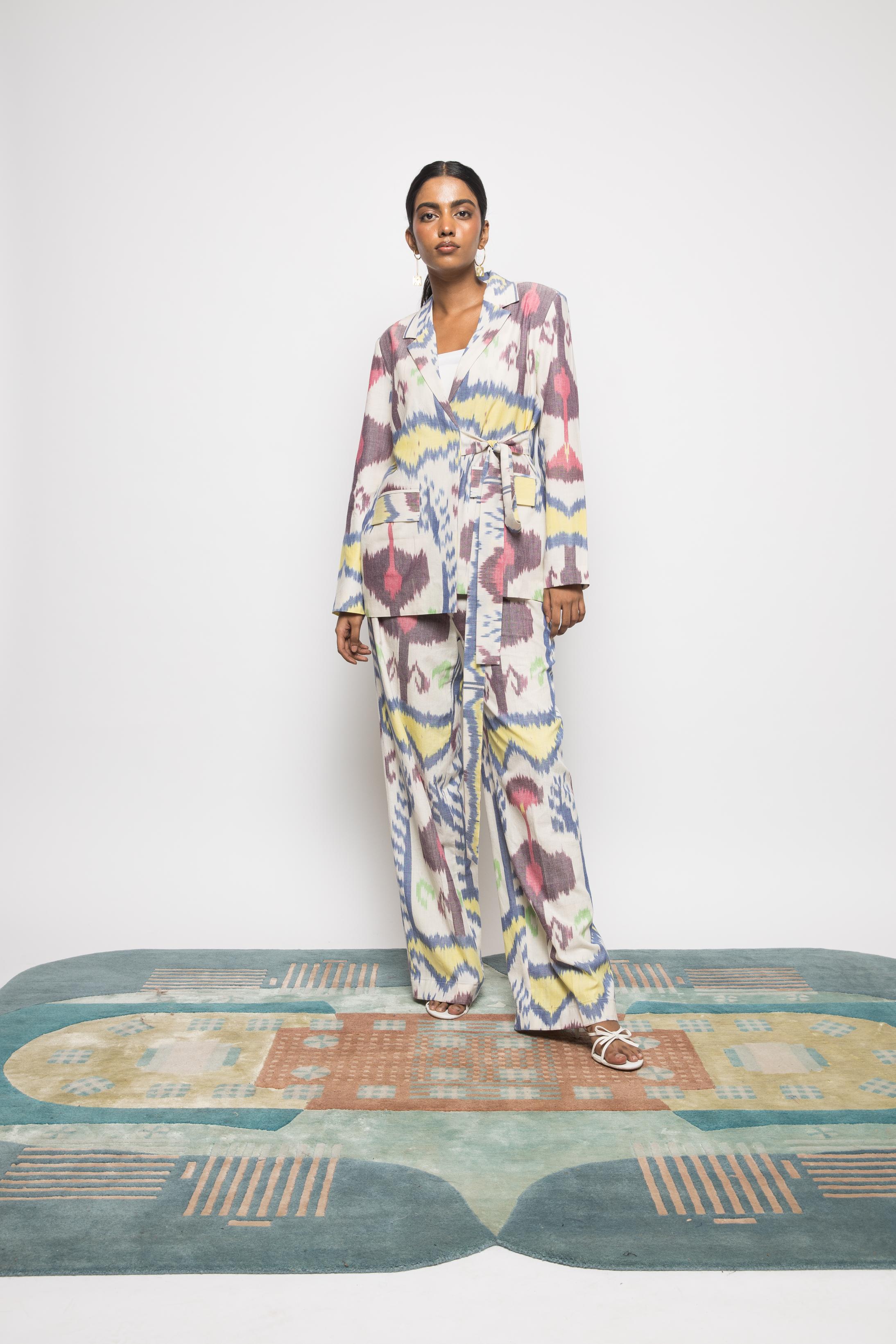 Wrap & Tie Blazer at kamakhyaa.com by Anushé Pirani. This item is 100% Cotton, Beach Wear, Brunch Wear, Casual Wear, Console Collection List, Cotton, Fresh Ink by Anushe Pirani, Handwoven cotton, Ikat Prints, Multicolor, Regular Fit, Vacation Wear, Womenswear