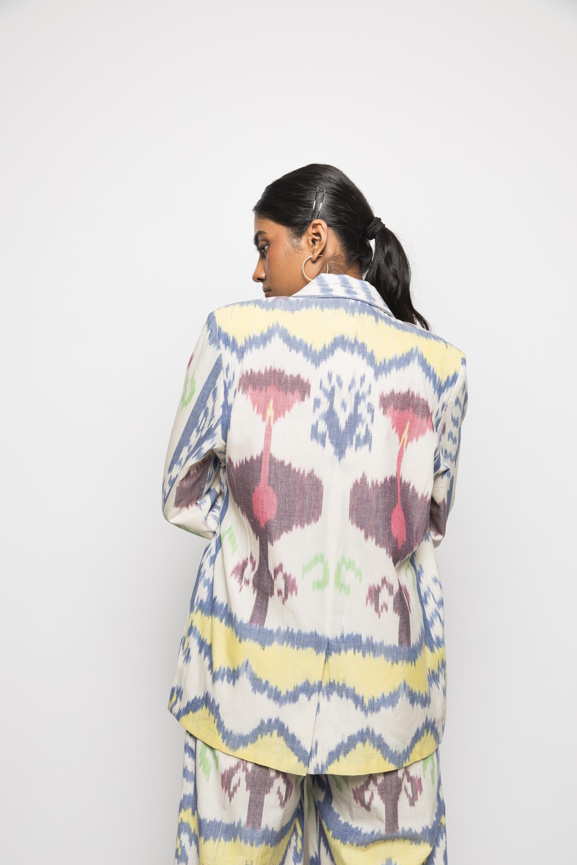 Wrap & Tie Blazer at kamakhyaa.com by Anushé Pirani. This item is 100% Cotton, Beach Wear, Brunch Wear, Casual Wear, Console Collection List, Cotton, Fresh Ink by Anushe Pirani, Handwoven cotton, Ikat Prints, Multicolor, Regular Fit, Vacation Wear, Womenswear