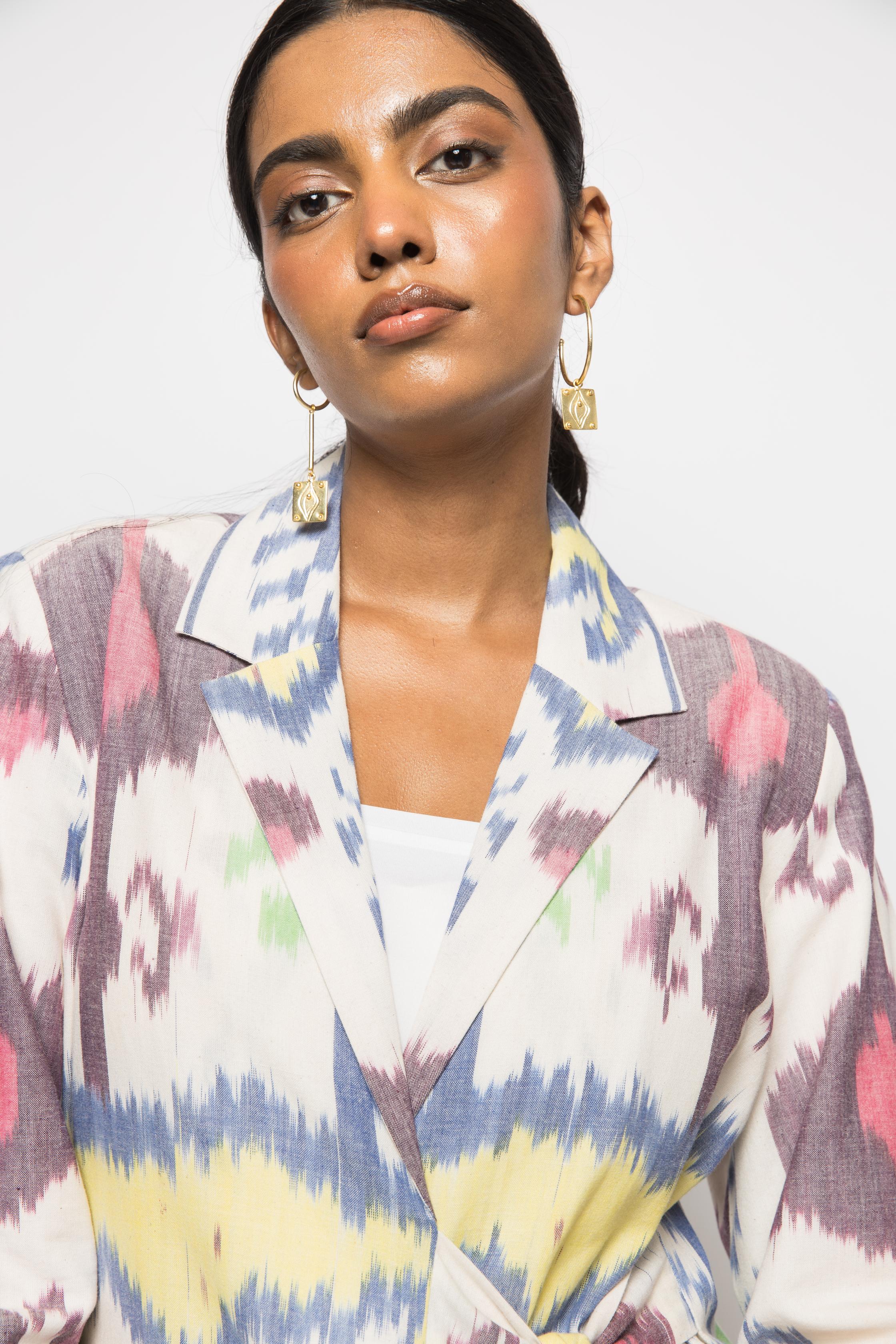Wrap & Tie Blazer at kamakhyaa.com by Anushé Pirani. This item is 100% Cotton, Beach Wear, Brunch Wear, Casual Wear, Console Collection List, Cotton, Fresh Ink by Anushe Pirani, Handwoven cotton, Ikat Prints, Multicolor, Regular Fit, Vacation Wear, Womenswear
