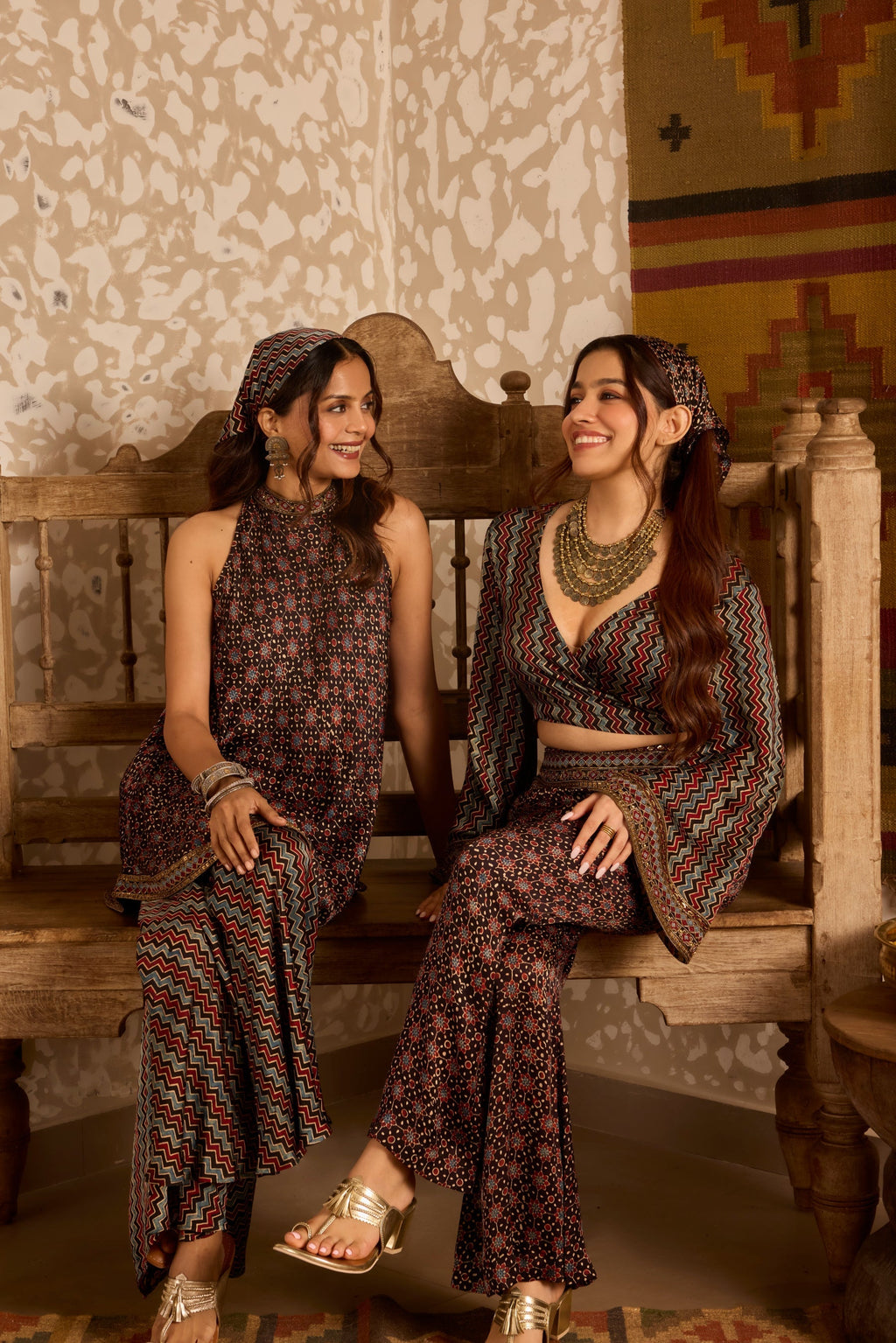 Wrap top with flared pant set at Kamakhyaa by Akashi Clothing. This item is Ajrakh by Akashi Clothing, Under $200