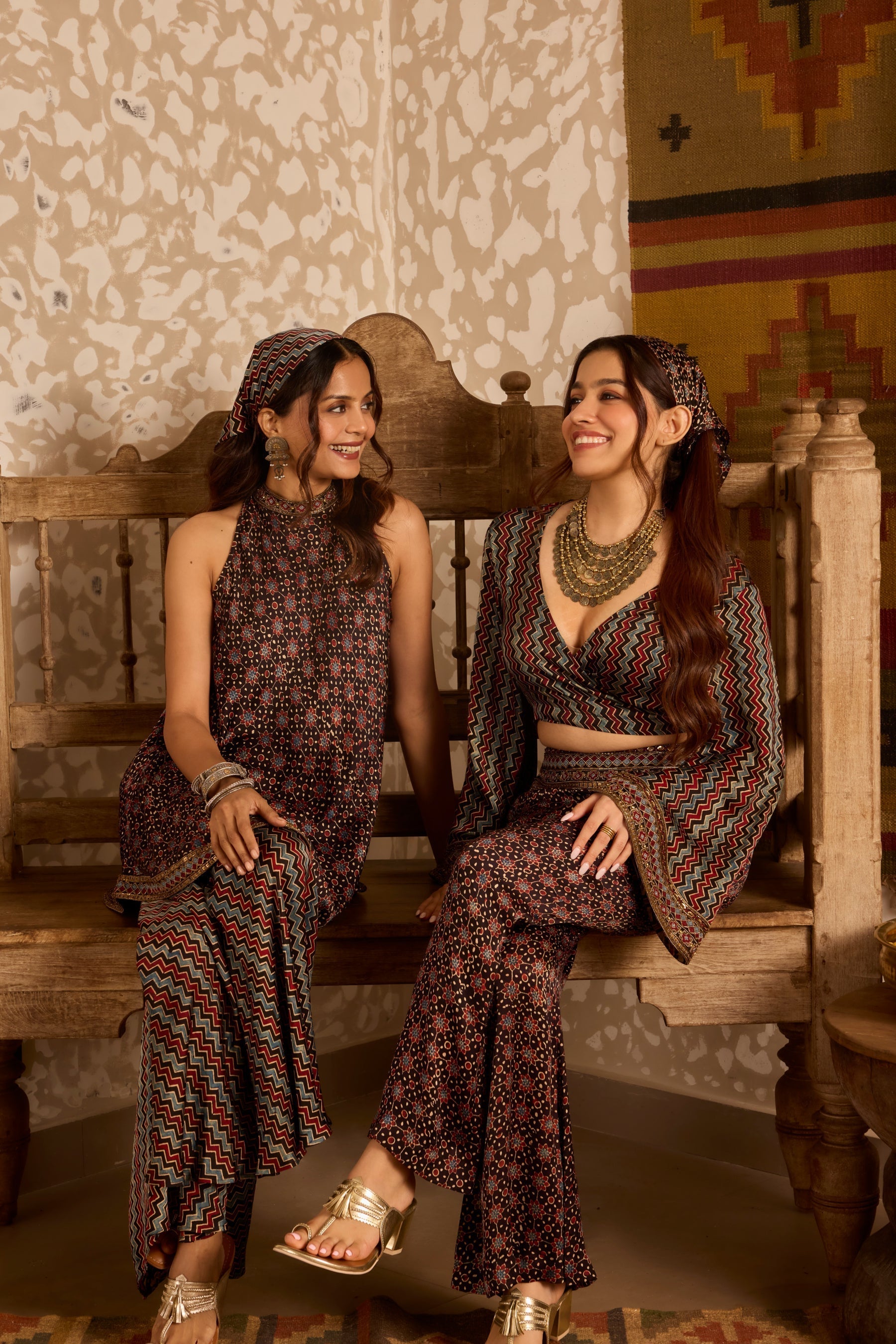 Wrap top with flared pant set at Kamakhyaa by Akashi Clothing. This item is Ajrakh by Akashi Clothing, Under $200