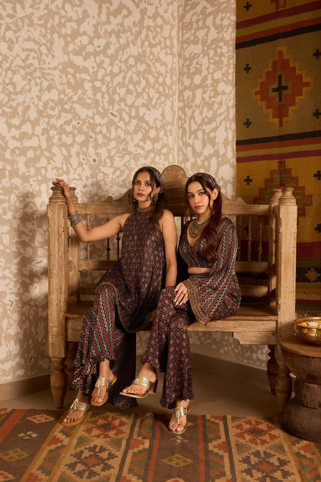 Wrap top with flared pant set at Kamakhyaa by Akashi Clothing. This item is Ajrakh by Akashi Clothing, Under $200