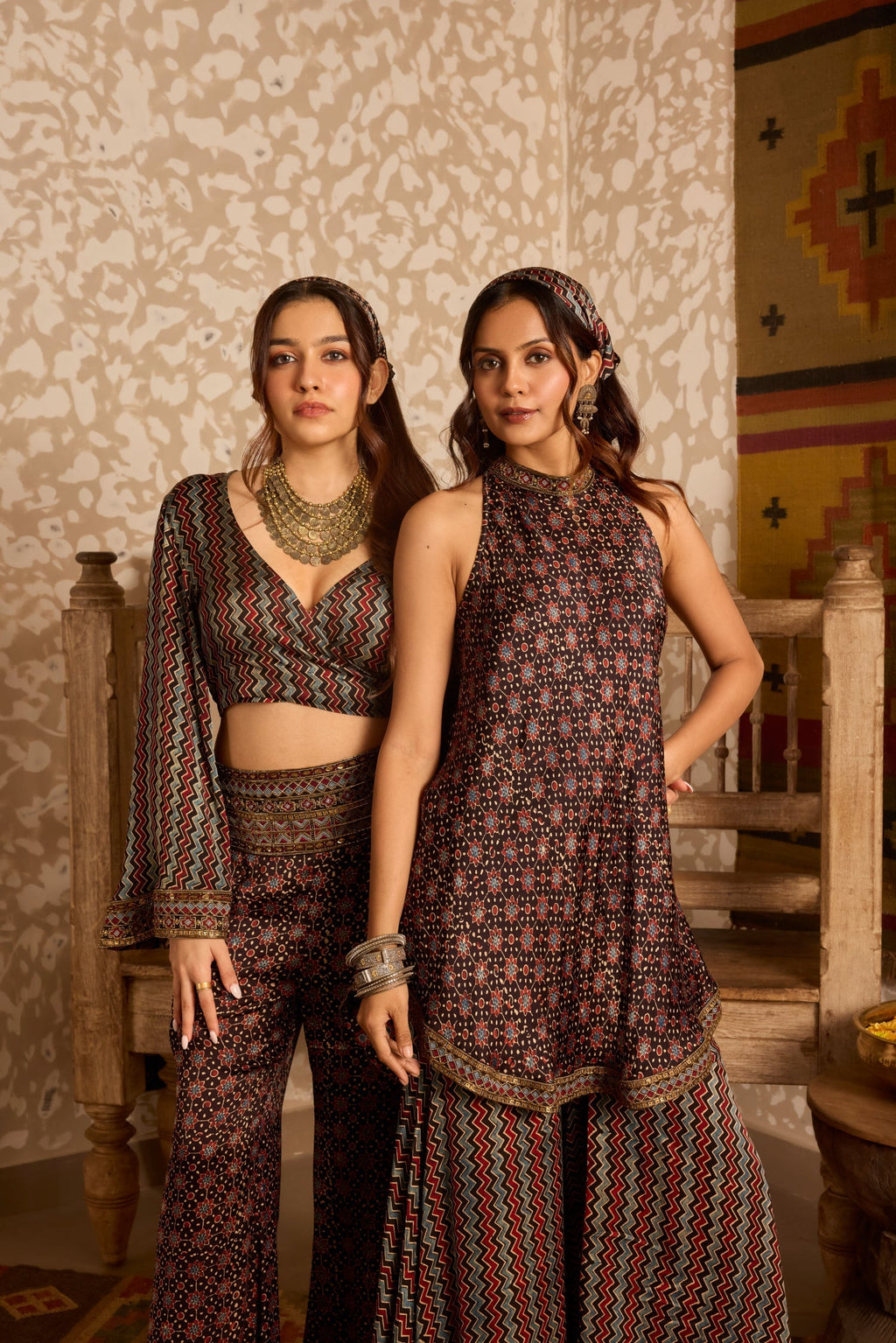 Wrap top with flared pant set at Kamakhyaa by Akashi Clothing. This item is Ajrakh by Akashi Clothing, Under $200