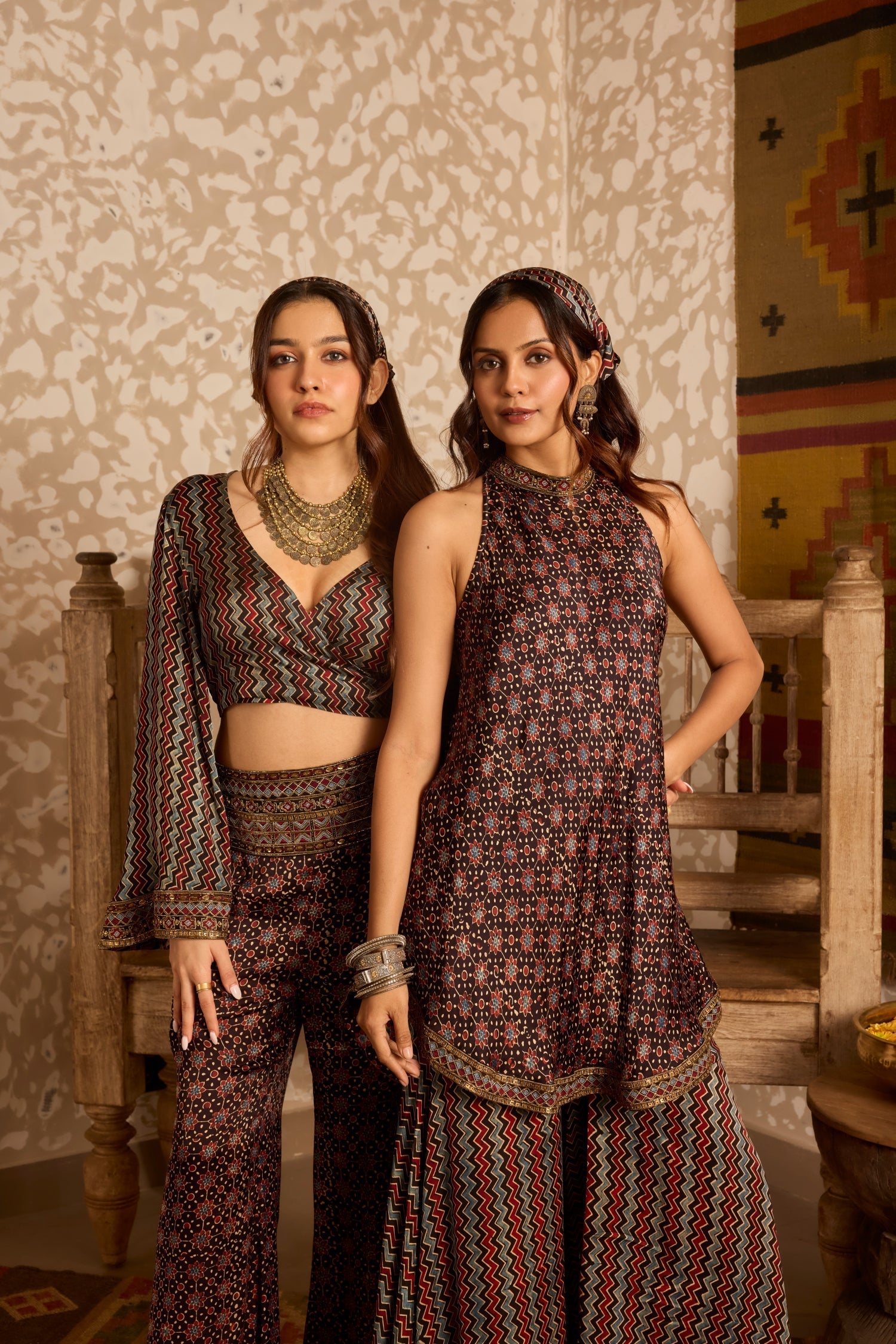 Wrap top with flared pant set at Kamakhyaa by Akashi Clothing. This item is Ajrakh by Akashi Clothing, Under $200