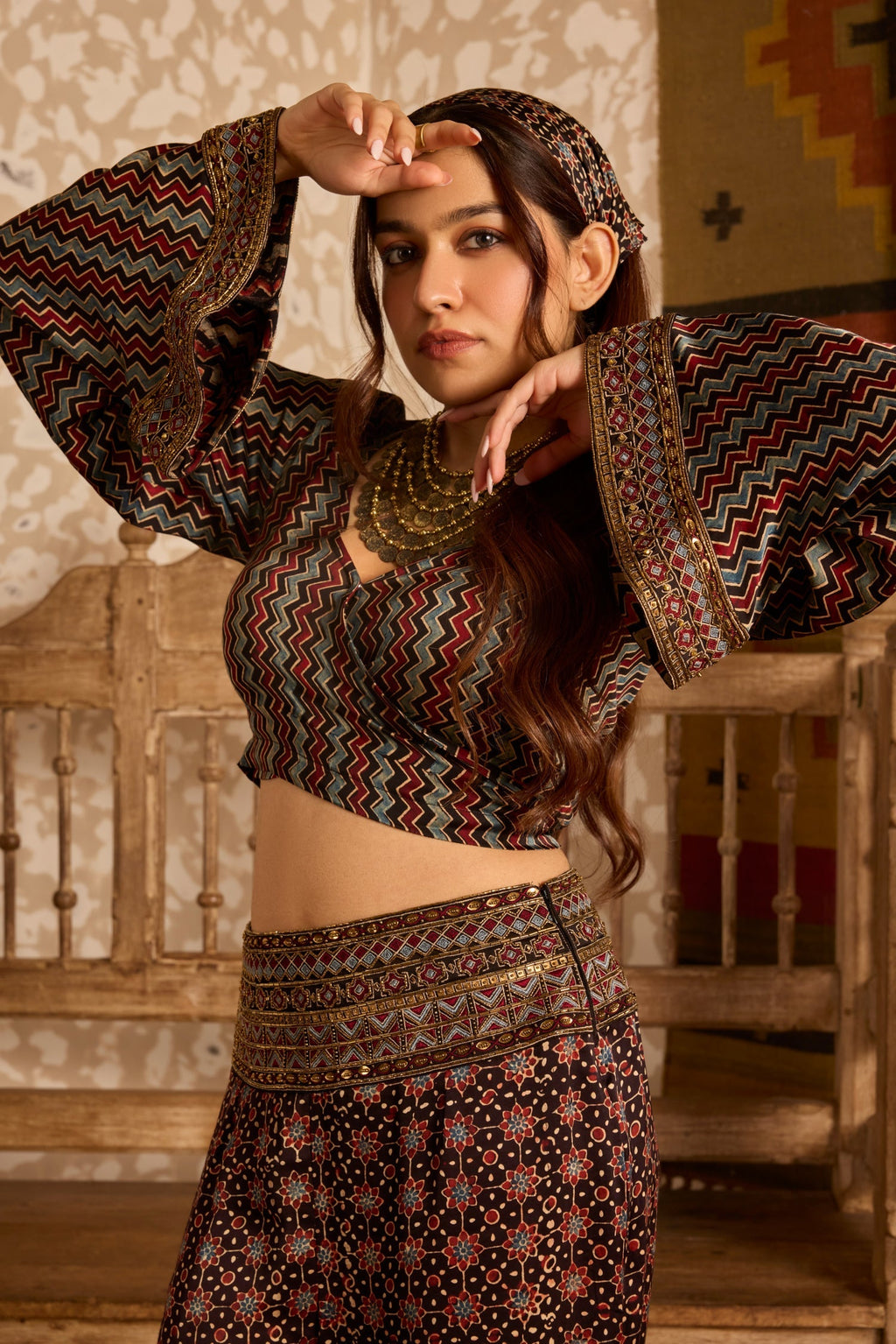 Wrap top with flared pant set at Kamakhyaa by Akashi Clothing. This item is Ajrakh by Akashi Clothing, Under $200