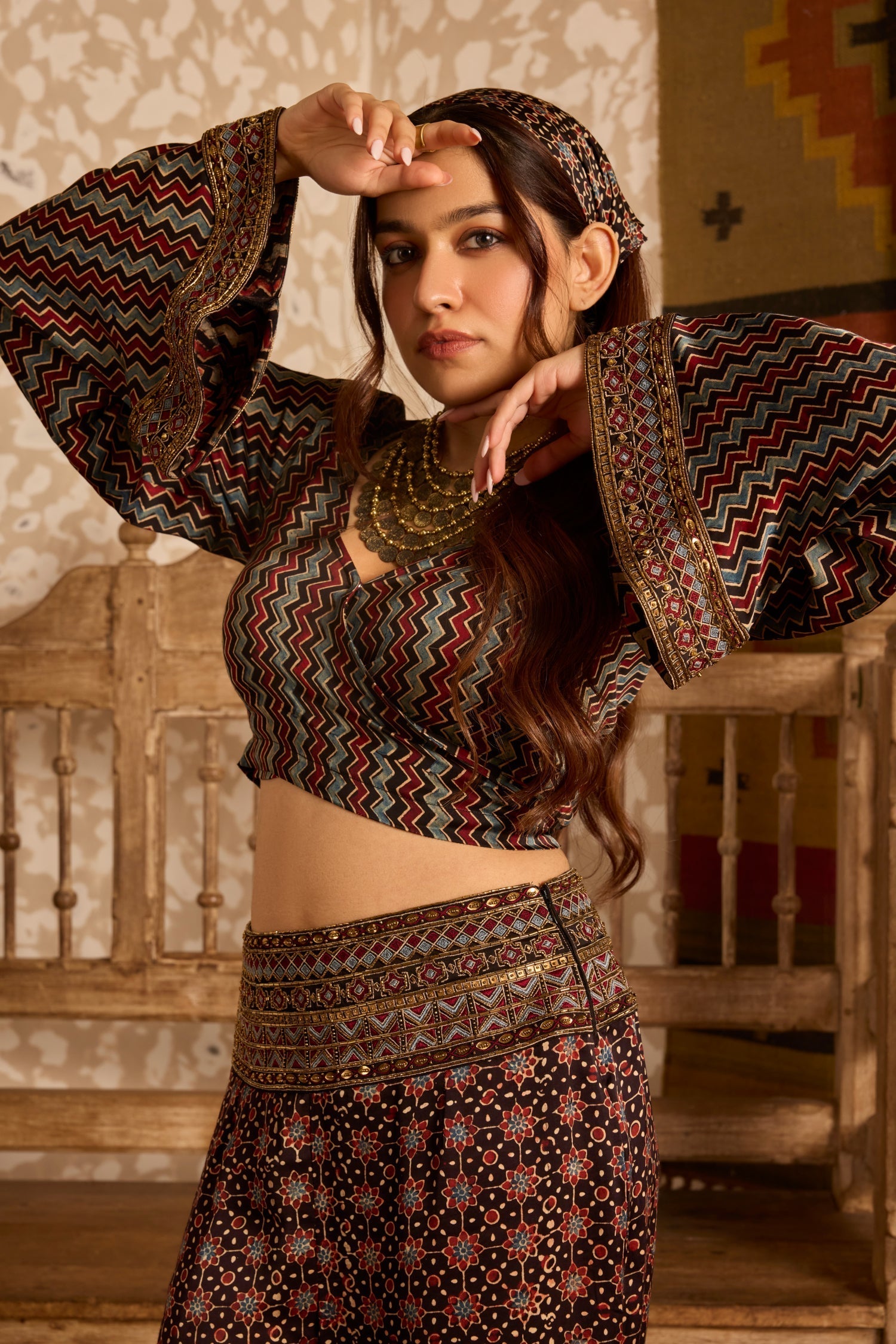 Wrap top with flared pant set at Kamakhyaa by Akashi Clothing. This item is Ajrakh by Akashi Clothing, Under $200