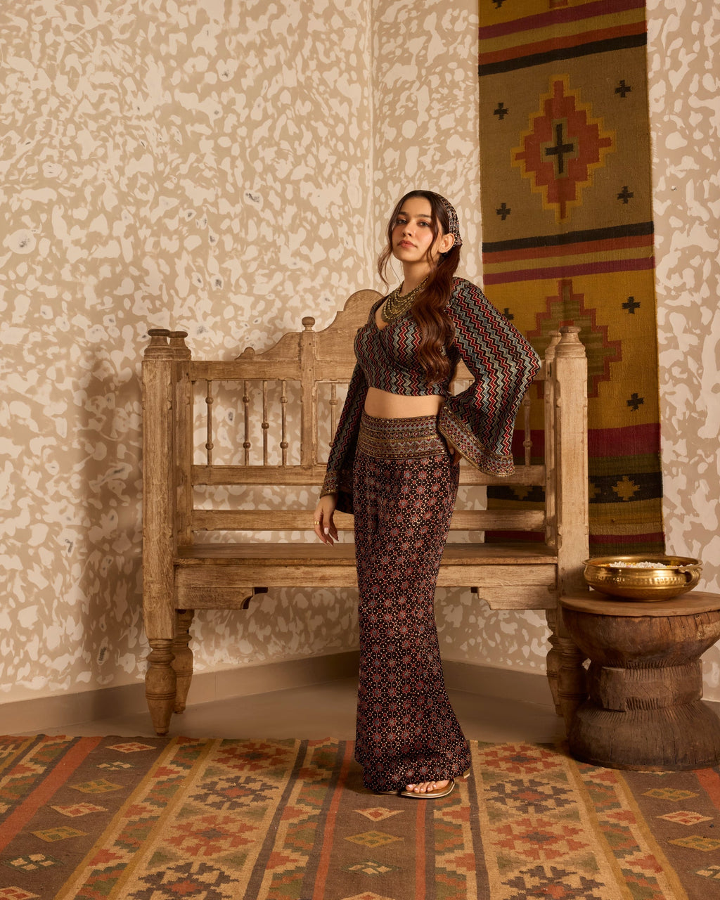 Wrap top with flared pant set at Kamakhyaa by Akashi Clothing. This item is Ajrakh by Akashi Clothing, Under $200