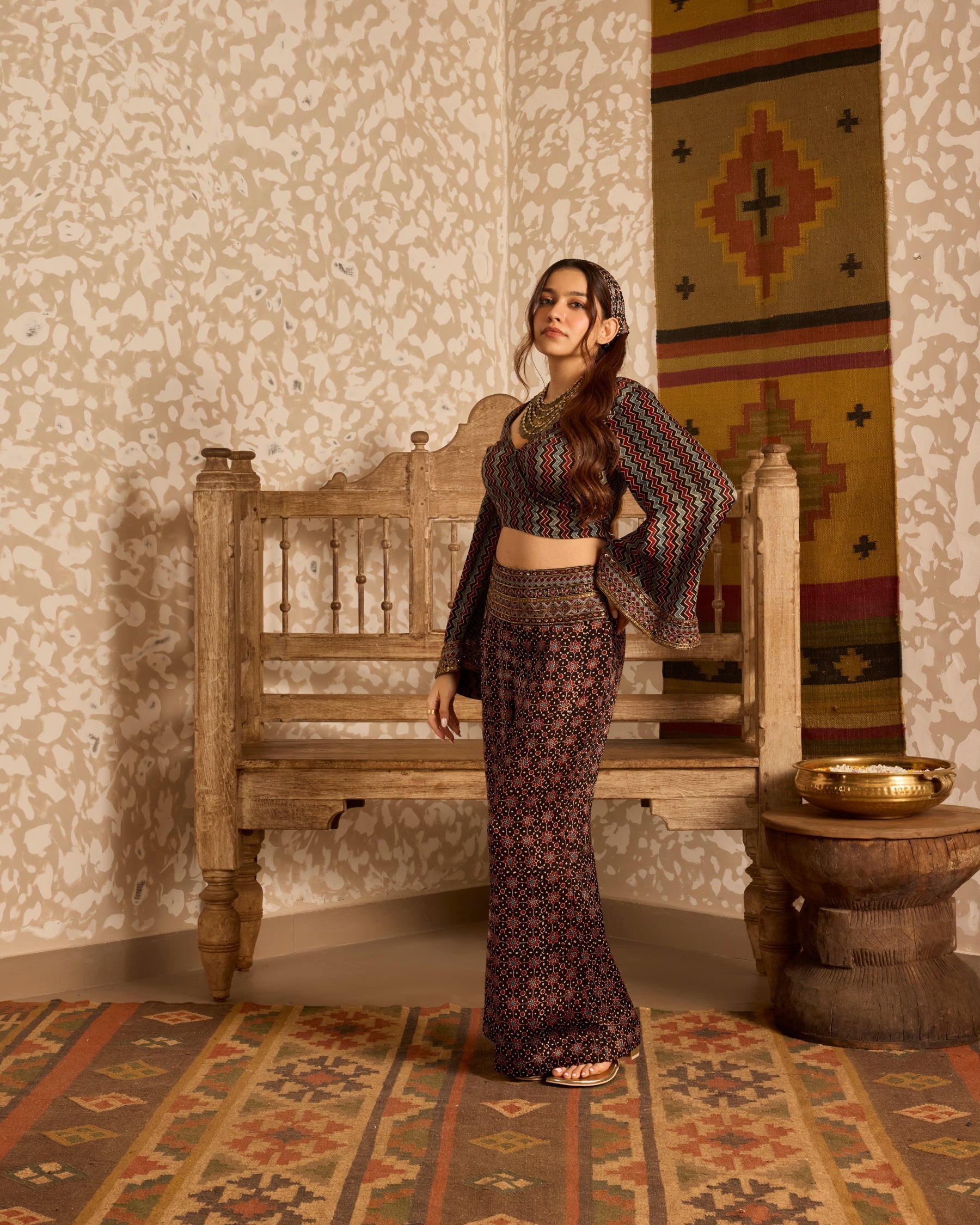 Wrap top with flared pant set at Kamakhyaa by Akashi Clothing. This item is Ajrakh by Akashi Clothing, Under $200