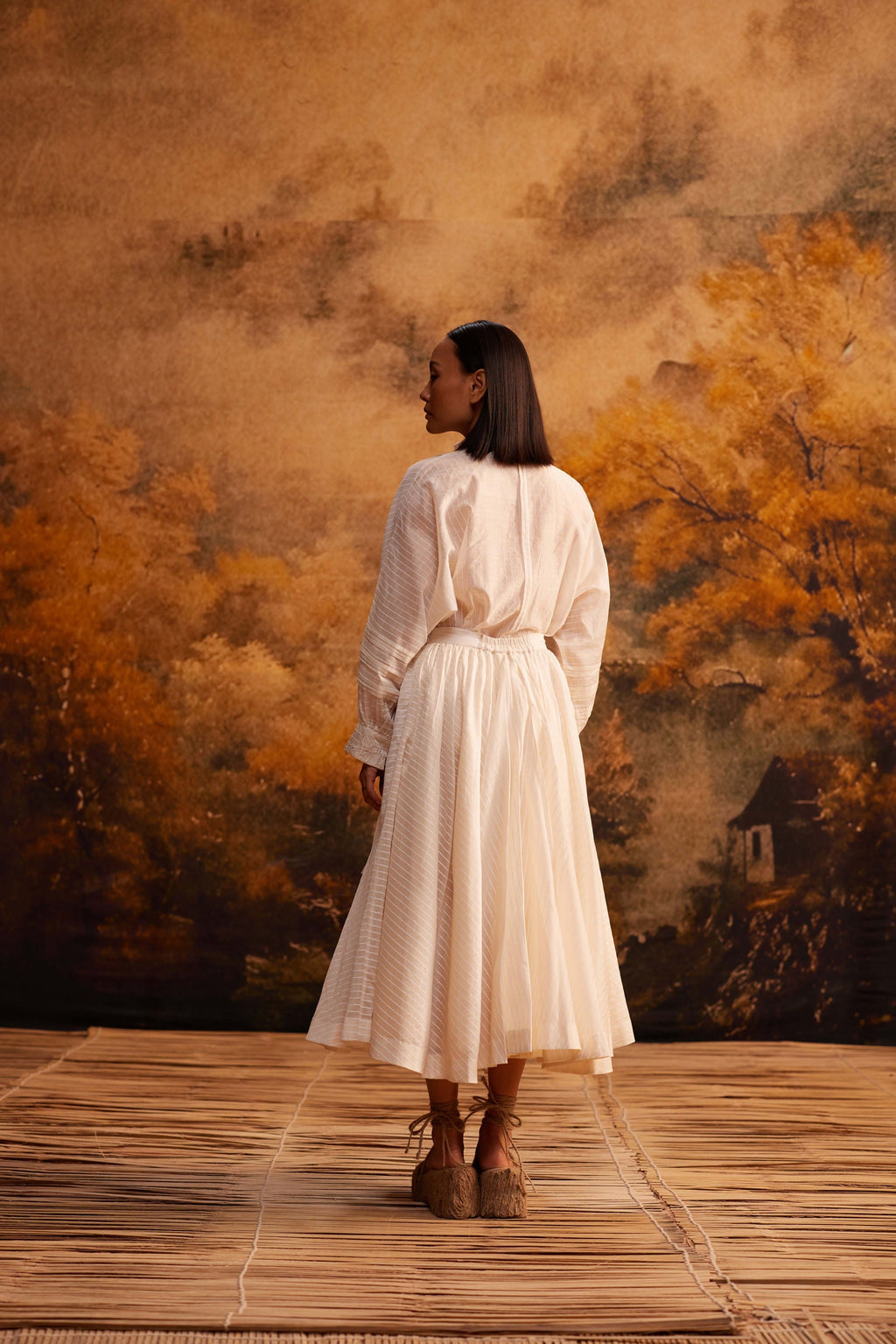 Yama-Ori Dolman Shirt with Ribbon at Kamakhyaa by Ahmev. This item is Cotton Silk, Ivory, Maximum Minimum by Ahmev, missing, Relaxed Fit, Shirt, Striped, Top, Womenswear