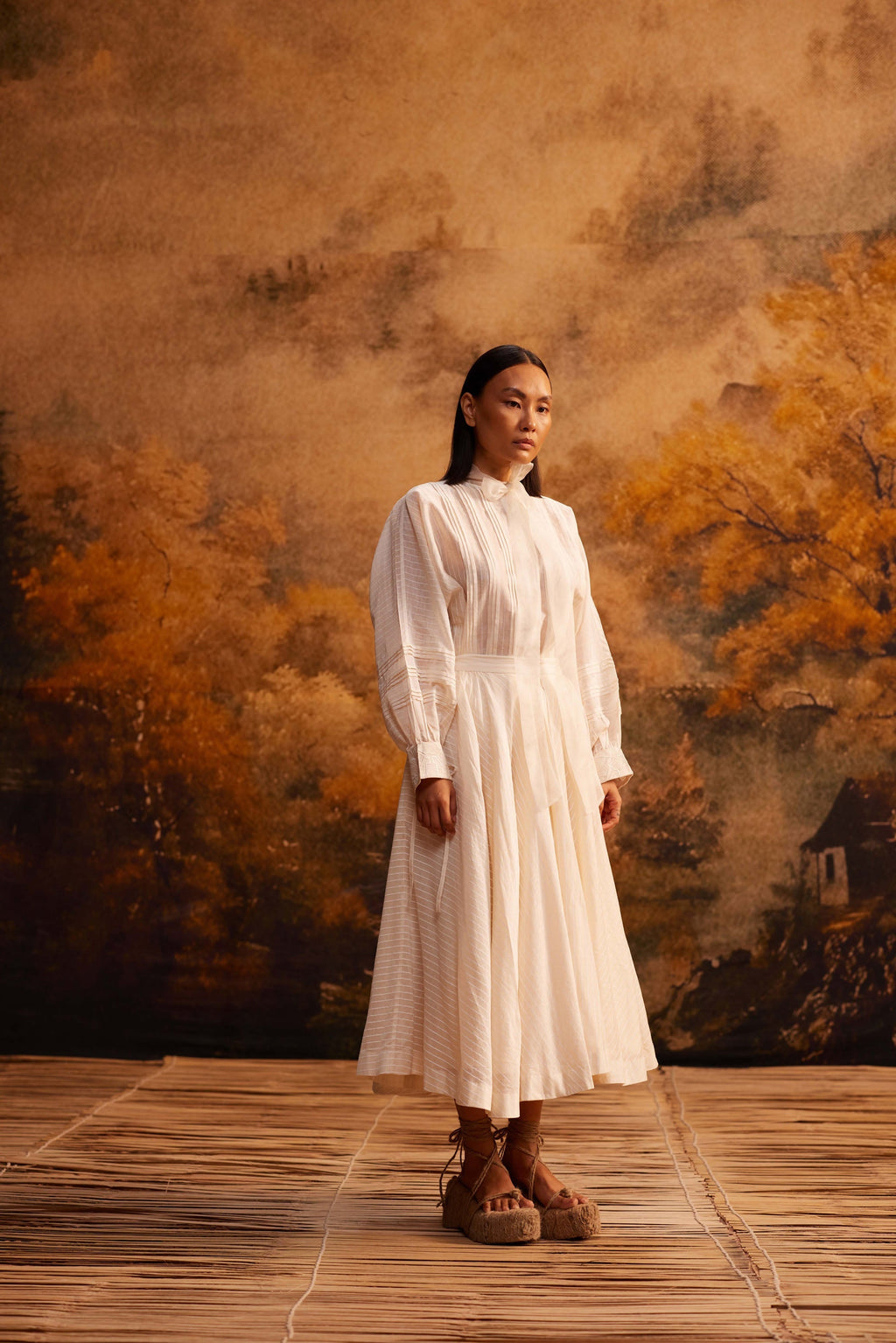 Yama-Ori Dolman Shirt with Ribbon at Kamakhyaa by Ahmev. This item is Cotton Silk, Ivory, Maximum Minimum by Ahmev, missing, Relaxed Fit, Shirt, Striped, Top, Womenswear