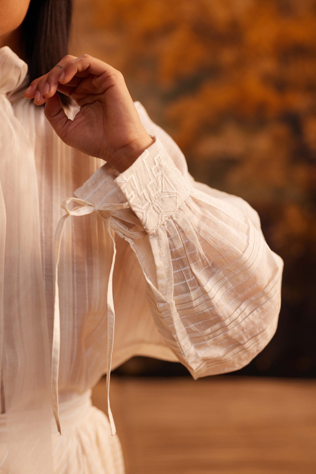 Yama-Ori Dolman Shirt with Ribbon at Kamakhyaa by Ahmev. This item is Cotton Silk, Ivory, Maximum Minimum by Ahmev, missing, Relaxed Fit, Shirt, Striped, Top, Womenswear