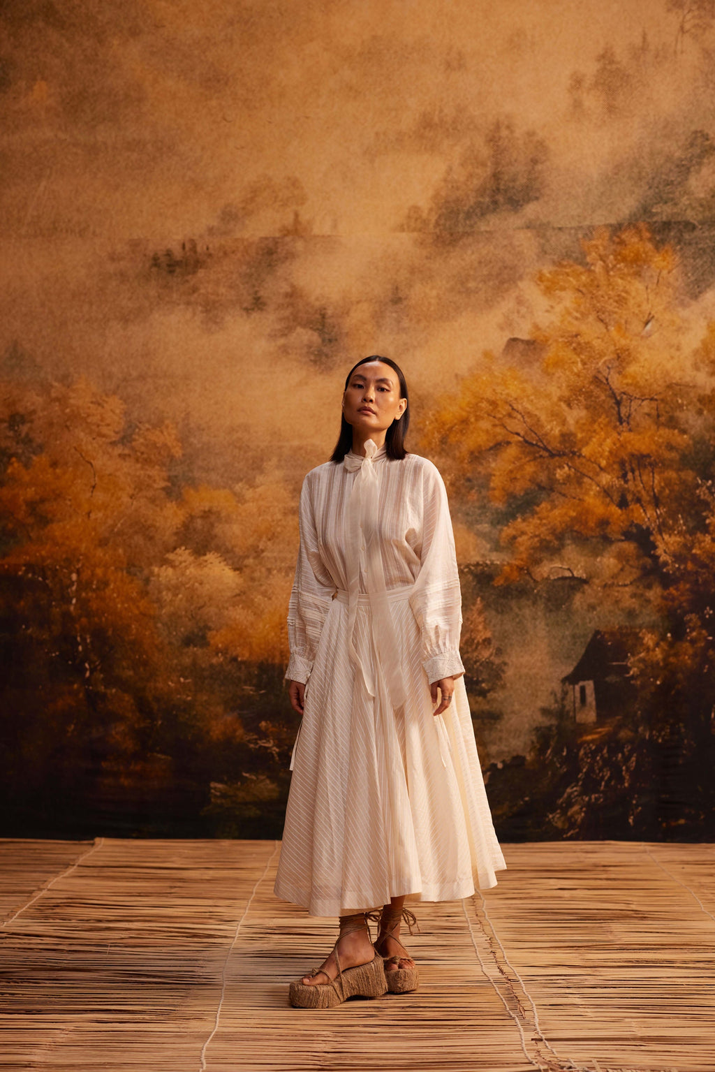 Yama-Ori Dolman Shirt with Ribbon at Kamakhyaa by Ahmev. This item is Cotton Silk, Ivory, Maximum Minimum by Ahmev, missing, Relaxed Fit, Shirt, Striped, Top, Womenswear