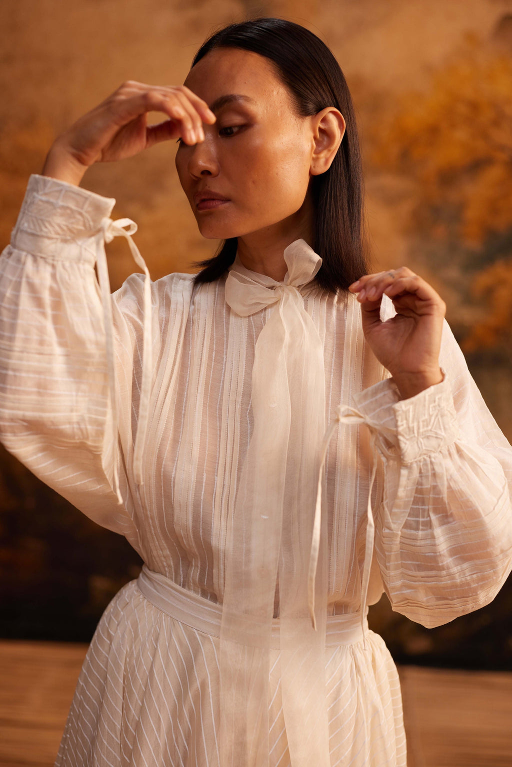 Yama-Ori Dolman Shirt with Ribbon at Kamakhyaa by Ahmev. This item is Cotton Silk, Ivory, Maximum Minimum by Ahmev, missing, Relaxed Fit, Shirt, Striped, Top, Womenswear