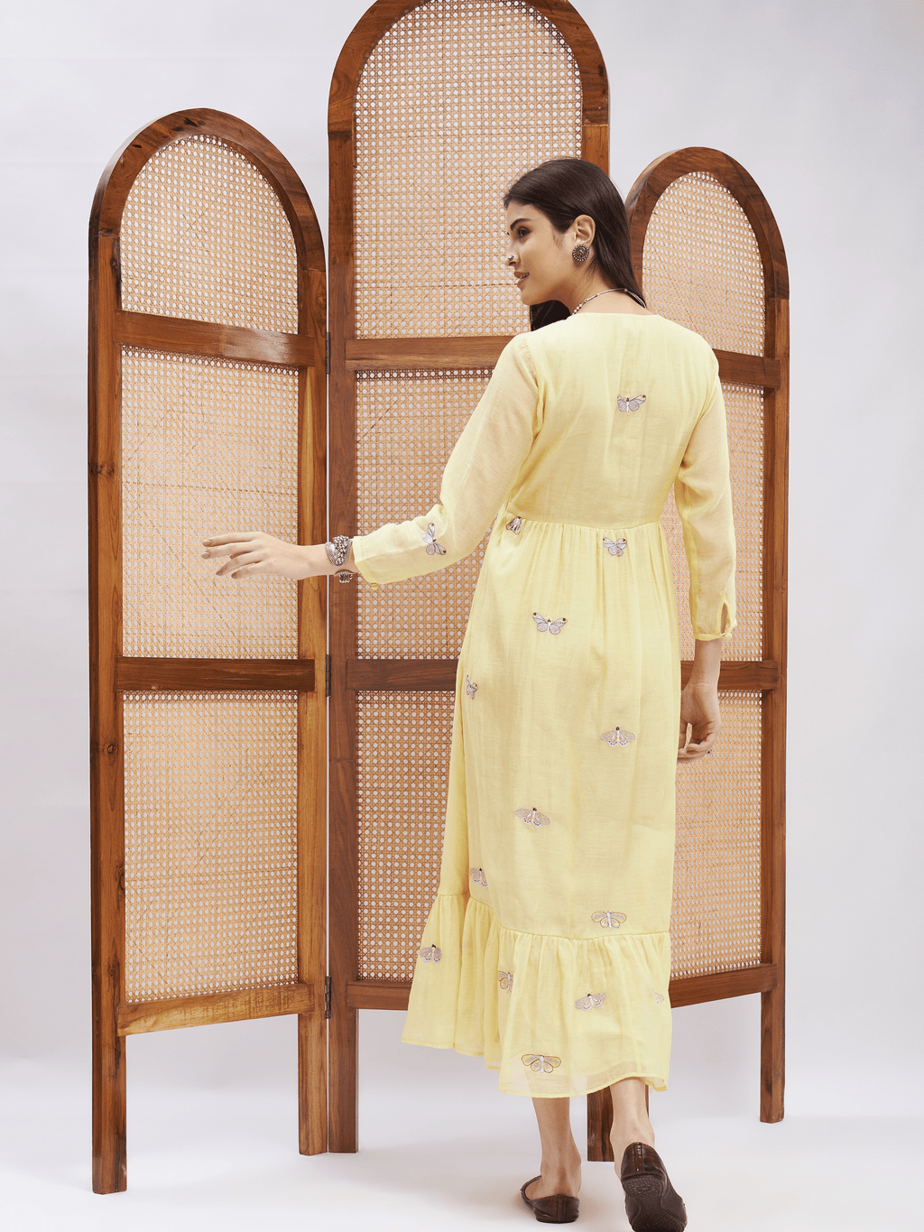 Yellow Alia Cut Midi Dress at Kamakhyaa by RoohbyRidhimaa. This item is Chanderi Silk, Embroidered, Evening Wear, Midi Dresses, Relaxed Fit, Resham, Resham Embroidered, Silk Chanderi, Toxin free, Yellow