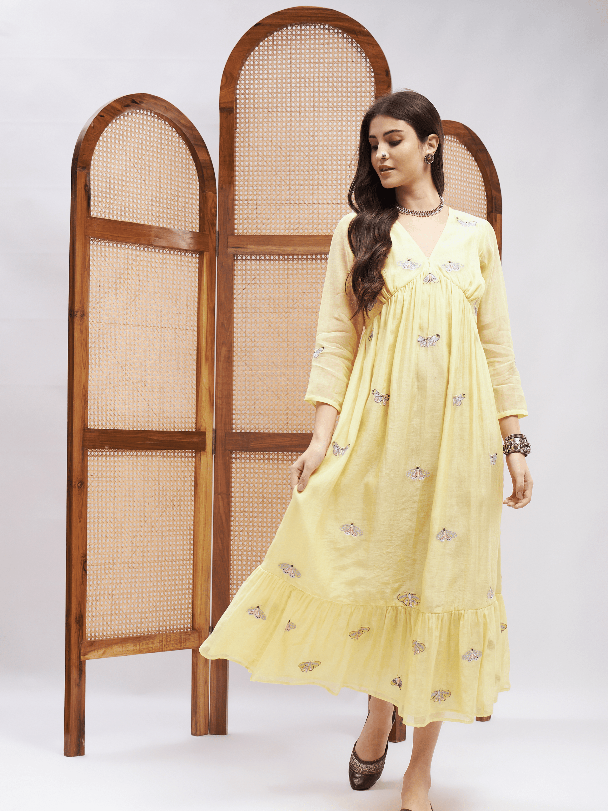 Yellow Alia Cut Midi Dress at Kamakhyaa by RoohbyRidhimaa. This item is Chanderi Silk, Embroidered, Evening Wear, Midi Dresses, Relaxed Fit, Resham, Resham Embroidered, Silk Chanderi, Toxin free, Yellow