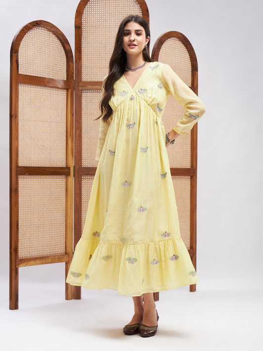 Yellow Alia Cut Midi Dress at Kamakhyaa by RoohbyRidhimaa. This item is Chanderi Silk, Embroidered, Evening Wear, Midi Dresses, Relaxed Fit, Resham, Resham Embroidered, Silk Chanderi, Toxin free, Yellow