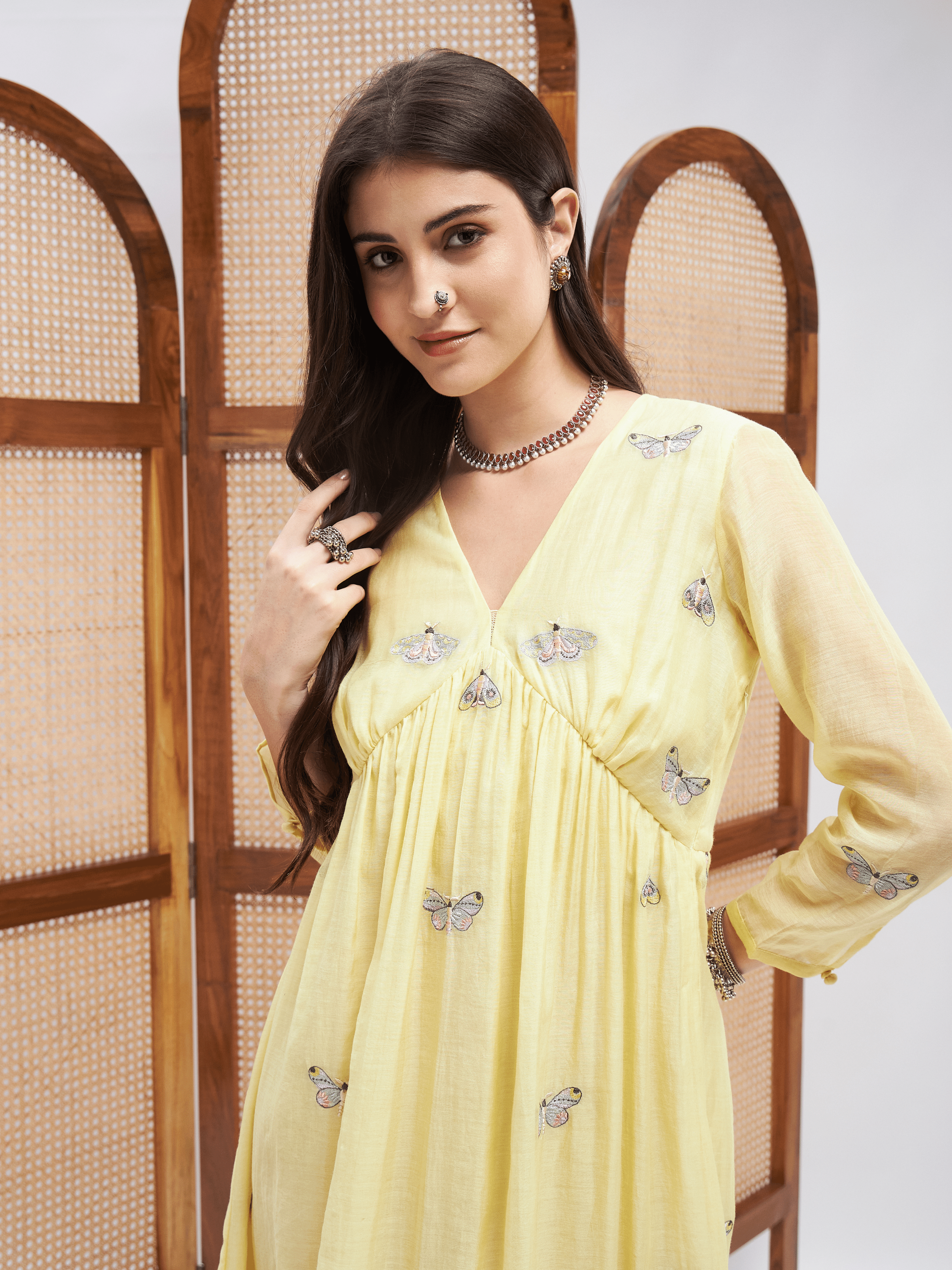 Yellow Alia Cut Midi Dress at Kamakhyaa by RoohbyRidhimaa. This item is Chanderi Silk, Embroidered, Evening Wear, Midi Dresses, Relaxed Fit, Resham, Resham Embroidered, Silk Chanderi, Toxin free, Yellow