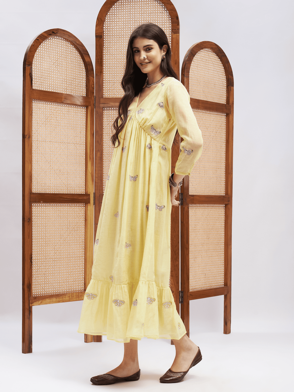 Yellow Alia Cut Midi Dress at Kamakhyaa by RoohbyRidhimaa. This item is Chanderi Silk, Embroidered, Evening Wear, Midi Dresses, Relaxed Fit, Resham, Resham Embroidered, Silk Chanderi, Toxin free, Yellow